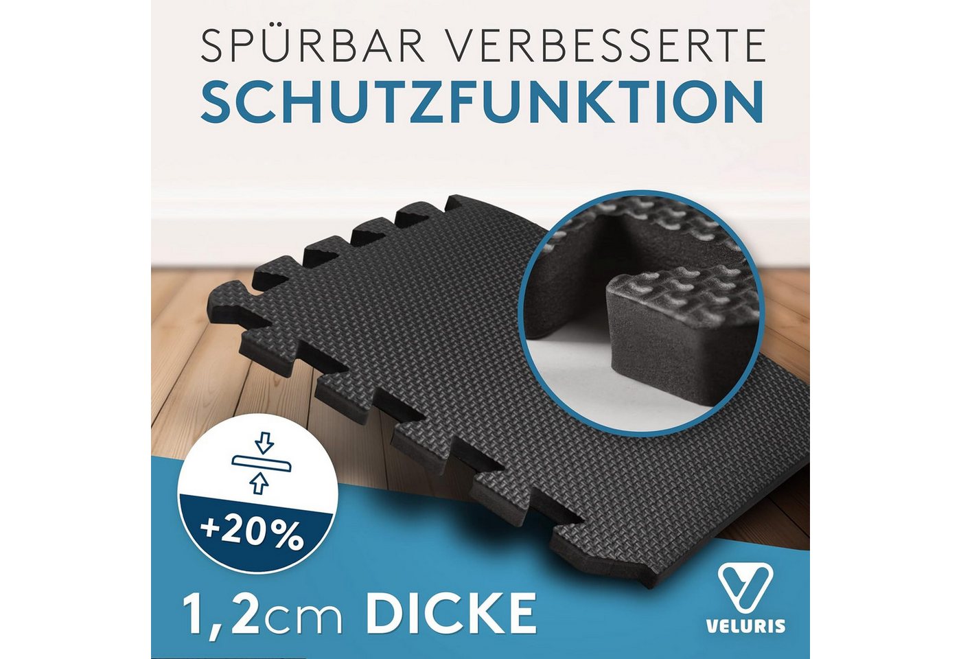 Veluris Bodenmatte Fitness – Steck-Puzzlematten Set 18-tlg. für Fitnessgeräte 31x31 cm (18 Stück), 20% extra dick, rutschfest, feuchtigkeitsabweisend, inkl. Randstücke Bild 3