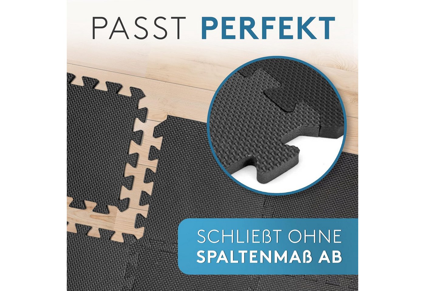 Veluris Bodenmatte Fitness – Steck-Puzzlematten Set 18-tlg. für Fitnessgeräte 31x31 cm (18 Stück), 20% extra dick, rutschfest, feuchtigkeitsabweisend, inkl. Randstücke Bild 4