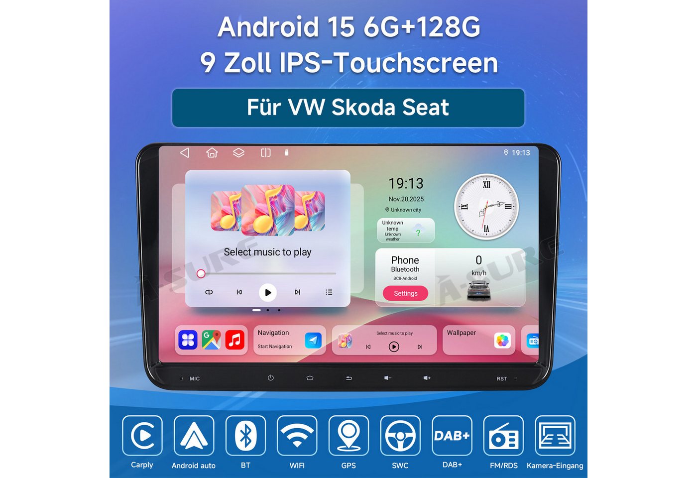A-Sure 9" 6+128G Android 15 Carplay Für VW GOLF 5 6 Tiguan Touran Polo Caddy Autoradio (RDS, DSP, Digitalradio (DAB), FM, AM, 1080P IPS Screen/8-Core CPU/6+128GB/4G Lte)