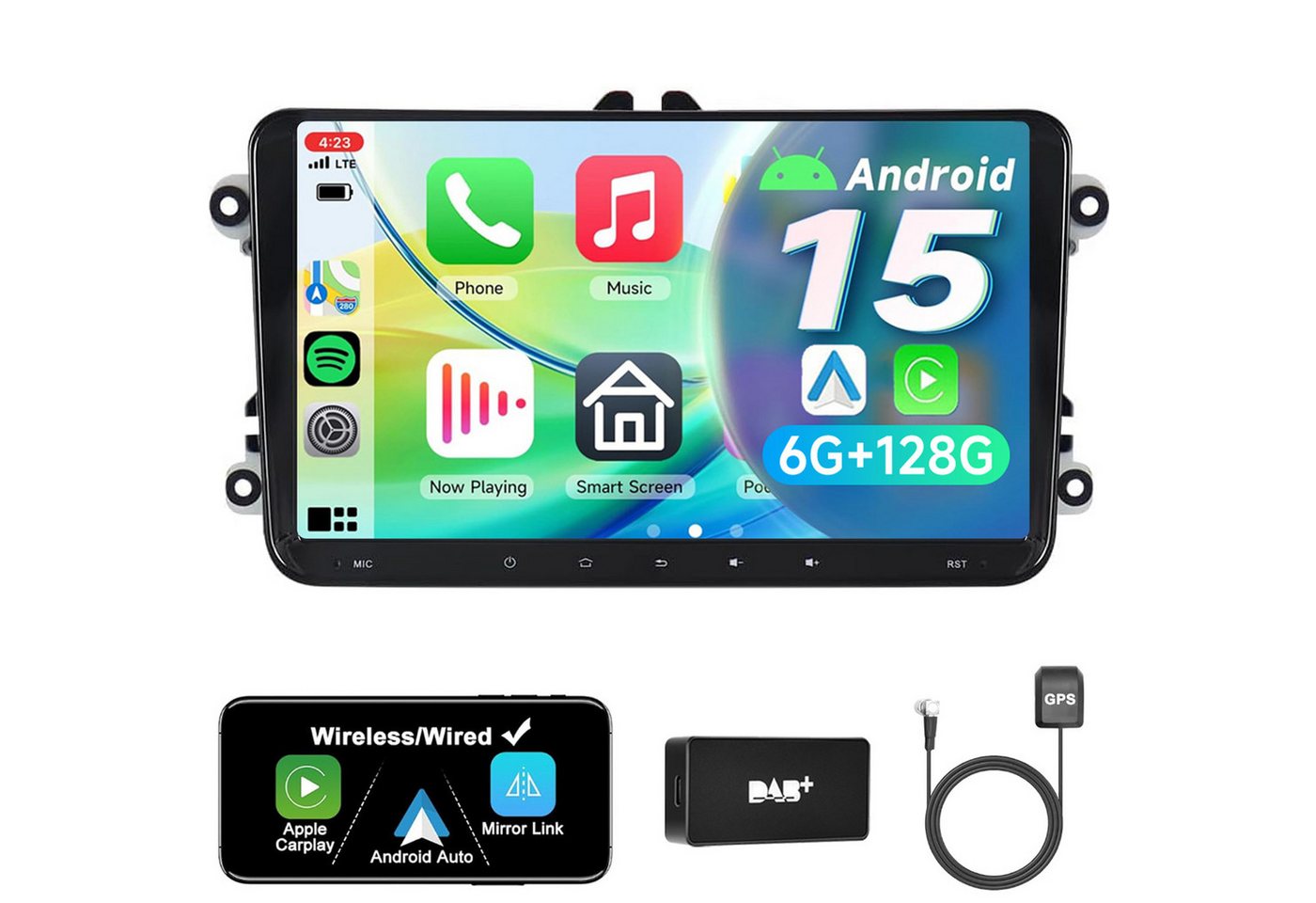A-Sure 9" 6+128G Android 15 Carplay Für VW GOLF 5 6 Tiguan Touran Polo Caddy Autoradio (RDS, DSP, Digitalradio (DAB), FM, AM, 1080P IPS Screen/8-Core CPU/6+128GB/4G Lte) Bild 2