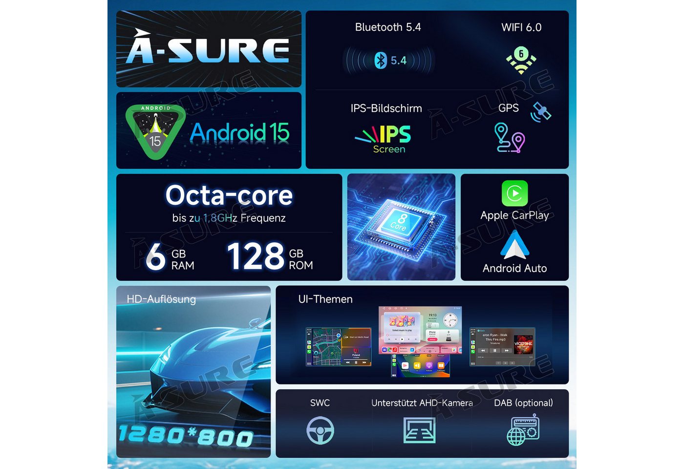 A-Sure 9" 6+128G Android 15 Carplay Für VW GOLF 5 6 Tiguan Touran Polo Caddy Autoradio (RDS, DSP, Digitalradio (DAB), FM, AM, 1080P IPS Screen/8-Core CPU/6+128GB/4G Lte) Bild 3