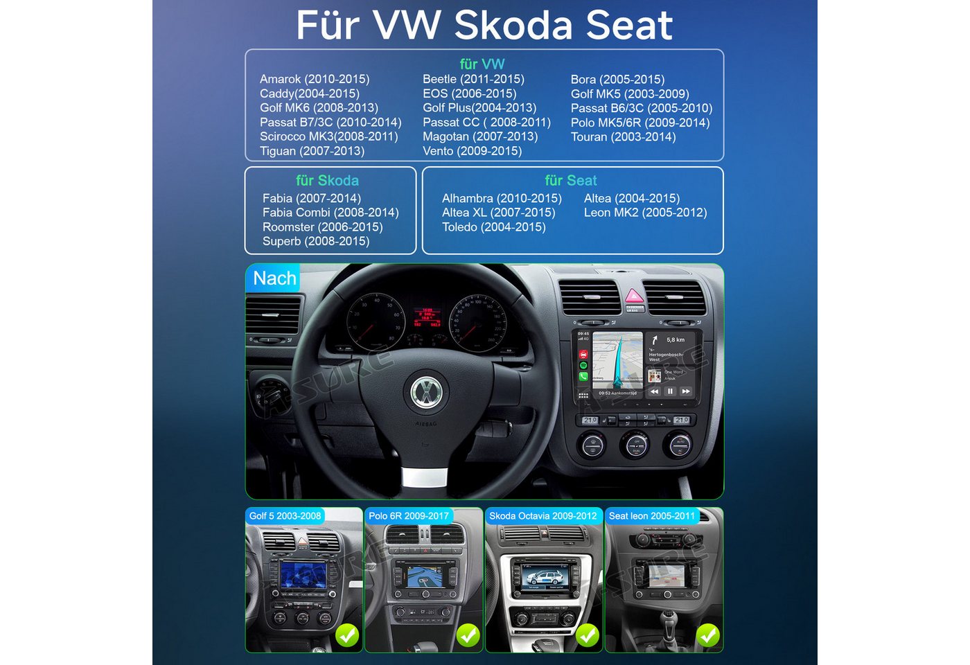 A-Sure 9" 6+128G Android 15 Carplay Für VW GOLF 5 6 Tiguan Touran Polo Caddy Autoradio (RDS, DSP, Digitalradio (DAB), FM, AM, 1080P IPS Screen/8-Core CPU/6+128GB/4G Lte) Bild 4