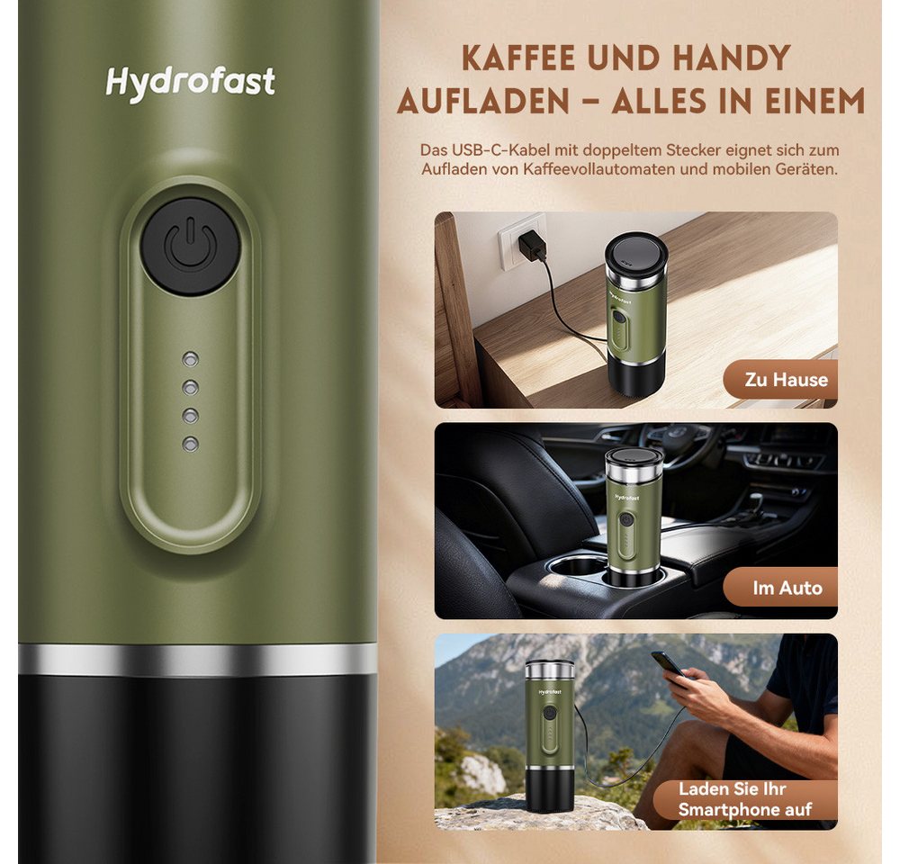 Hydrofast Espressomaschine PO-100 Tragbare Kaffeemaschine, Kabellose Outdoor-Espressomaschine – Akku,2-in-1,für Reisen & Camping