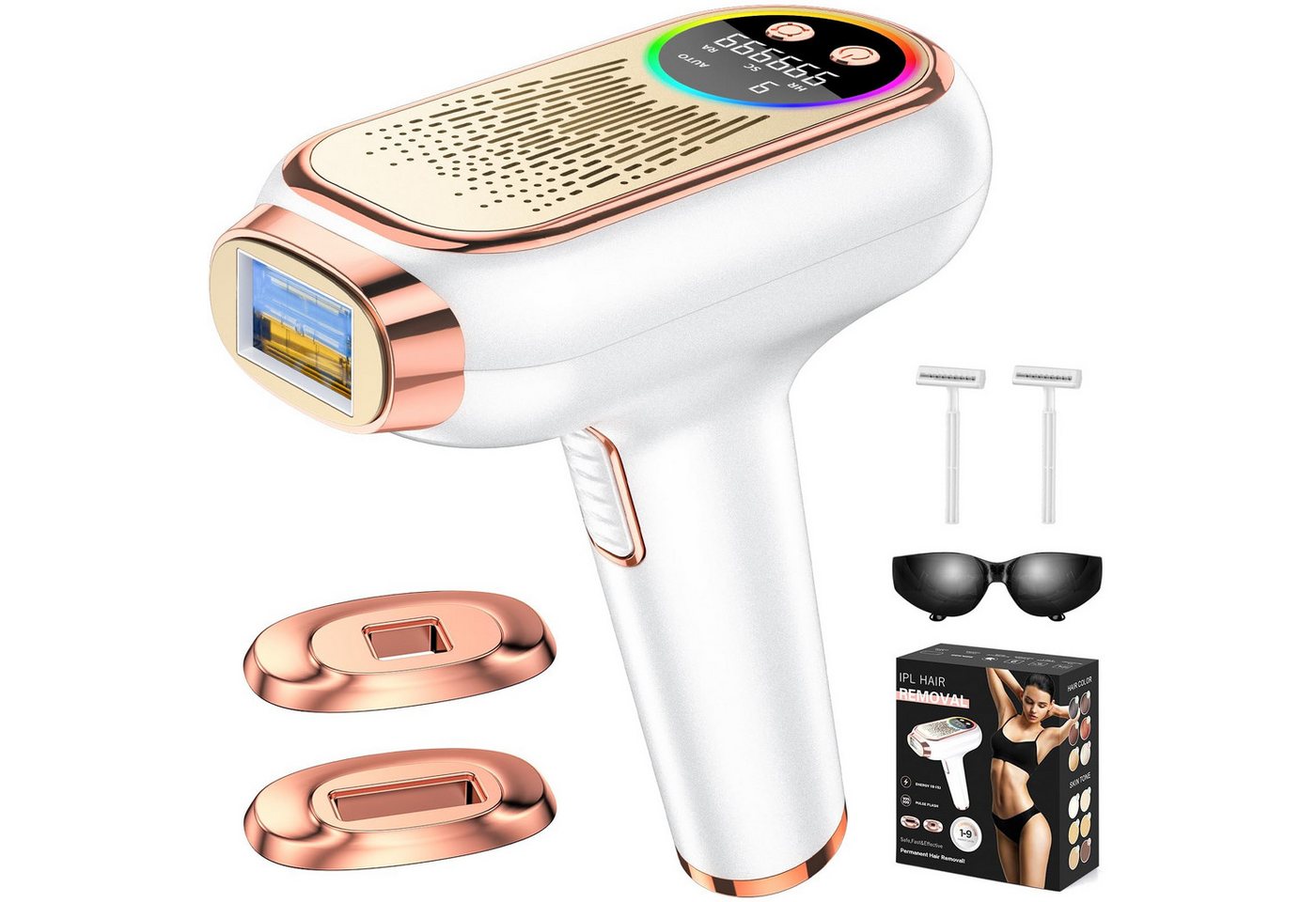 Kityhome IPL-Haarentferner IPL Haarentferner 6,8 cm², 3 Funktionen, 9 Stufen, Rose Gold, 999,999 Lichtimpulse, austauschbare Magnetköpfe*2, Rasierer*2, Großflächige Haarentfernung,Eispunkt-schmerzfreie Haarentfernung Bild 5