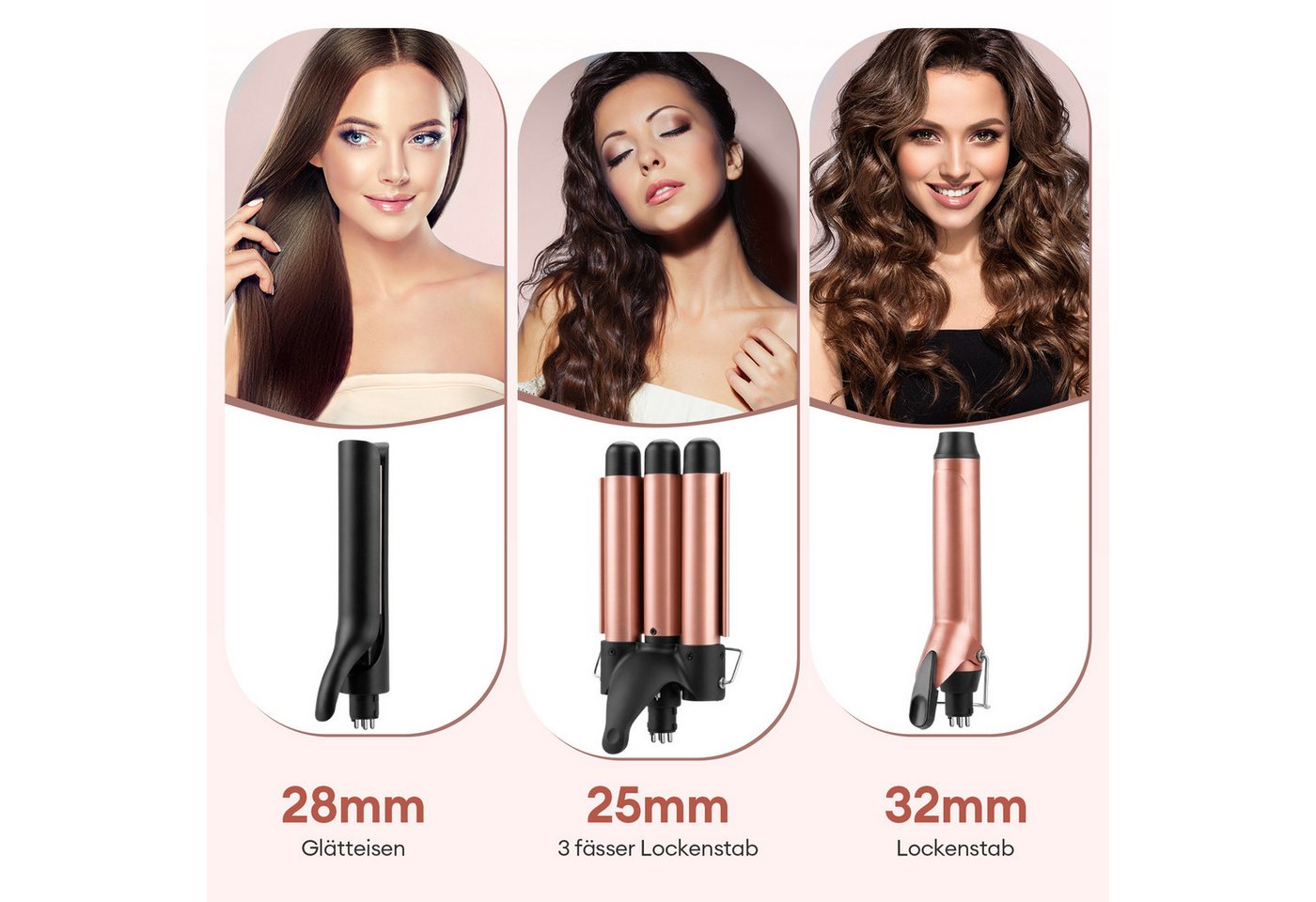 CkeyiN Pro Lockenstab Set 3 in 1,Glätteisen mit Verschiedenen Aufsätzen,Große Locken, Keramik Lockenstab 25mm/32mm,Lockenstäbe 3 Fässer, Ionen-Technologie,Schnellaufheizung,für Lange/kurze Haare Bild 4
