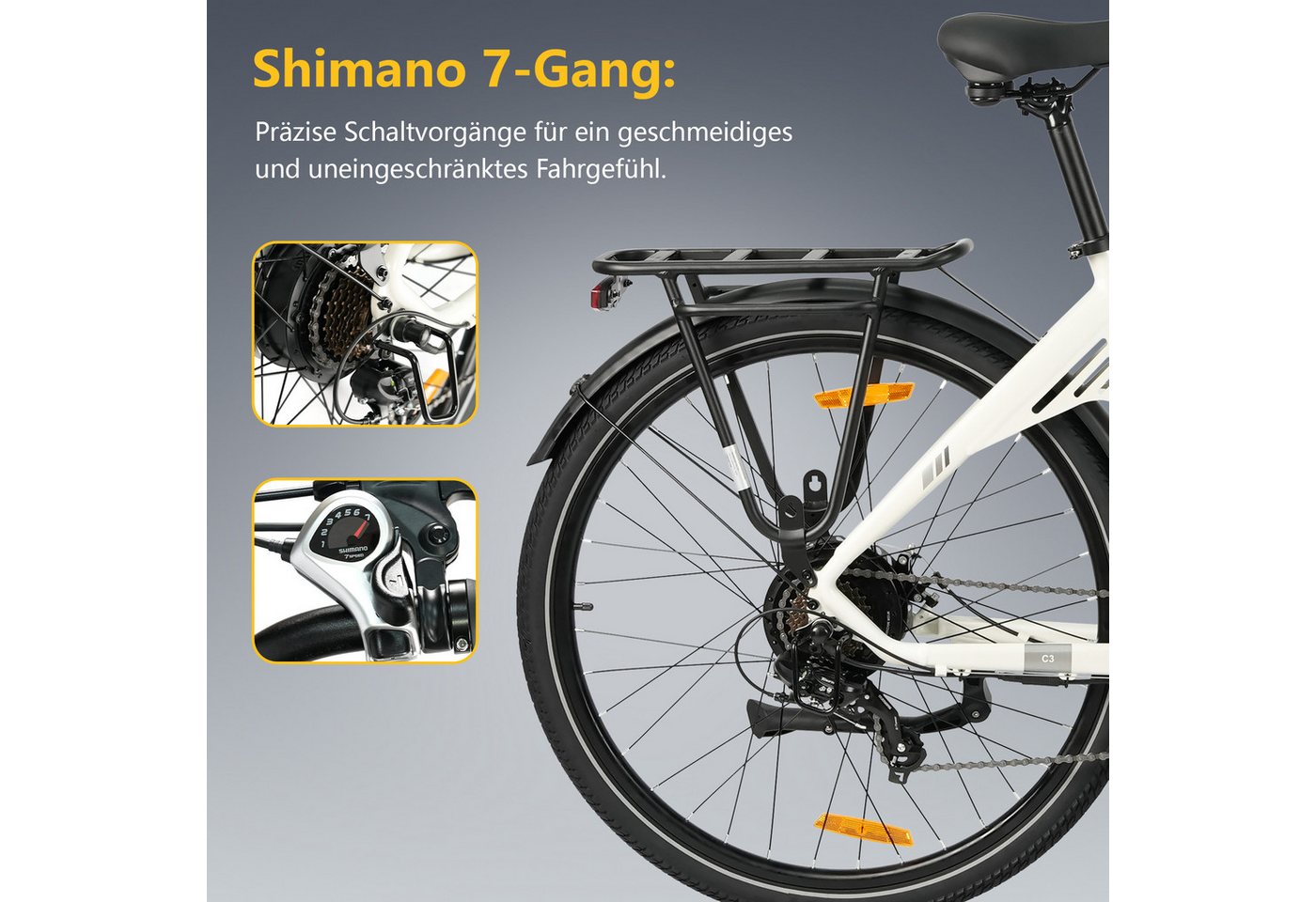 TTGO E-Bike Cityrad 28 x 2,0 Zoll, 150km Reichweite, C3 2.0, Elektrofahrrad, Pedelec, 7 Gang SHIMANO, Kettenschaltung, Heckmotor, 650 Wh, 5 Stufen, Leicht nur 25kg, Tiefeinsteiger-Rahmen, bis zu 125kg Bild 3