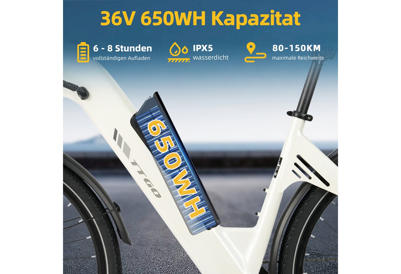 TTGO E-Bike Cityrad 28 x 2,0 Zoll, 150km Reichweite, C3 2.0, Elektrofahrrad, Pedelec, 7 Gang SHIMANO, Kettenschaltung, Heckmotor, 650 Wh, 5 Stufen, Leicht nur 25kg, Tiefeinsteiger-Rahmen, bis zu 125kg Bild 4