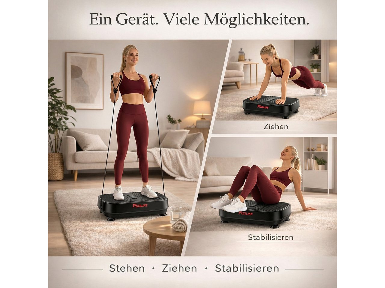 FunLife Vibrationsplatte Bluetooth-Musik & 5 Trainingsprogramme, 200 W, 120 Intensitätsstufen, (Einzelgerät, Ganzkörpertraining), Fernbedienung · Trainingsbänder inklusive Bild 3