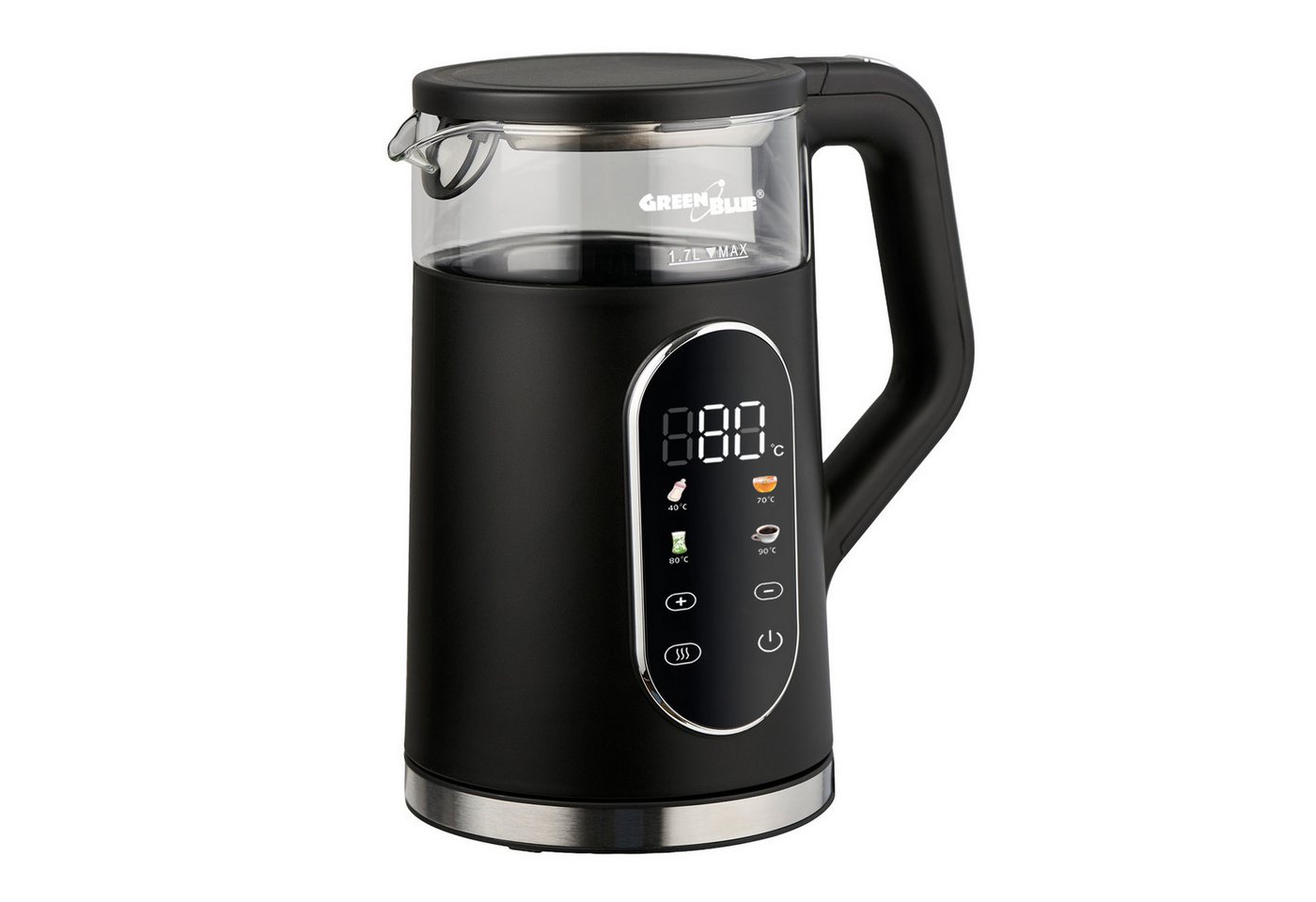 GreenBlue Wasserkocher GB670 B Kabelloser Wasserkocher 2200 W 1,7 L, 1,7 l, 2200 W, Glasbehälter, gut ablesbares Display, Temperaturwahl
