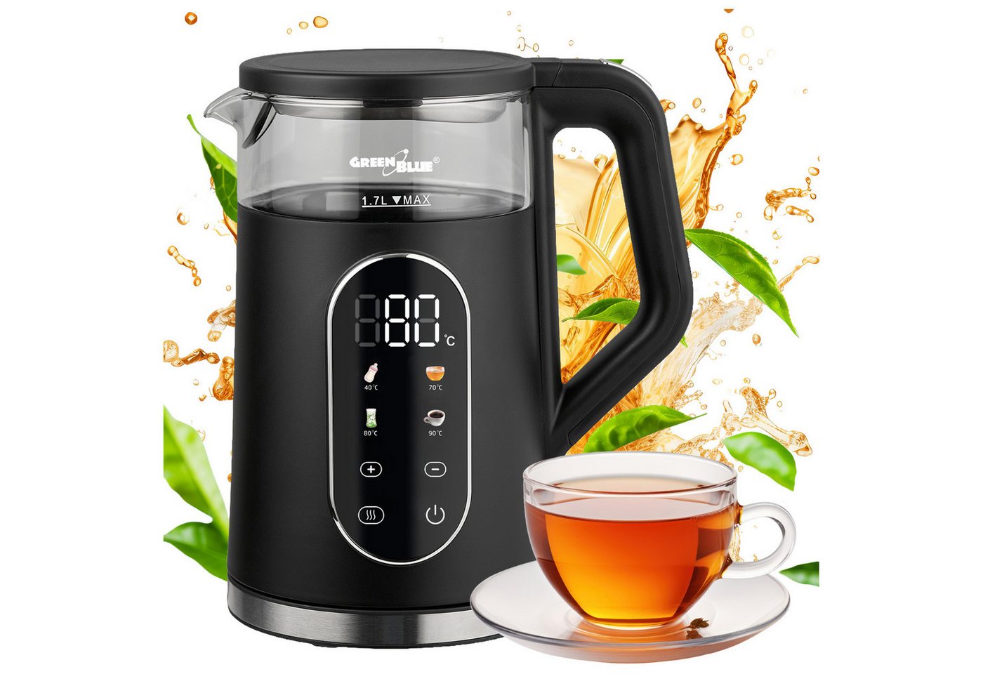 GreenBlue Wasserkocher GB670 B Kabelloser Wasserkocher 2200 W 1,7 L, 1,7 l, 2200 W, Glasbehälter, gut ablesbares Display, Temperaturwahl Bild 3