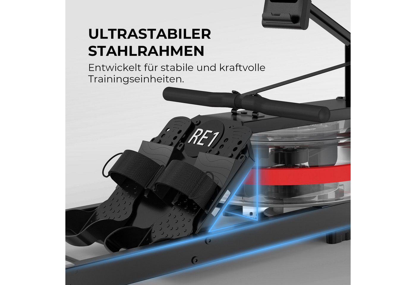 JASPORT Rudergerät RE1 mit Wasserwiderstand klappbar für Zuhause (Klappbar, LCD mit Trainingsdaten, Tablet-Halterung, Transportrollen), 14-L-Wassertank, Kinomap, Doppel-Schiene, bis 150 kg, bis 200 cm