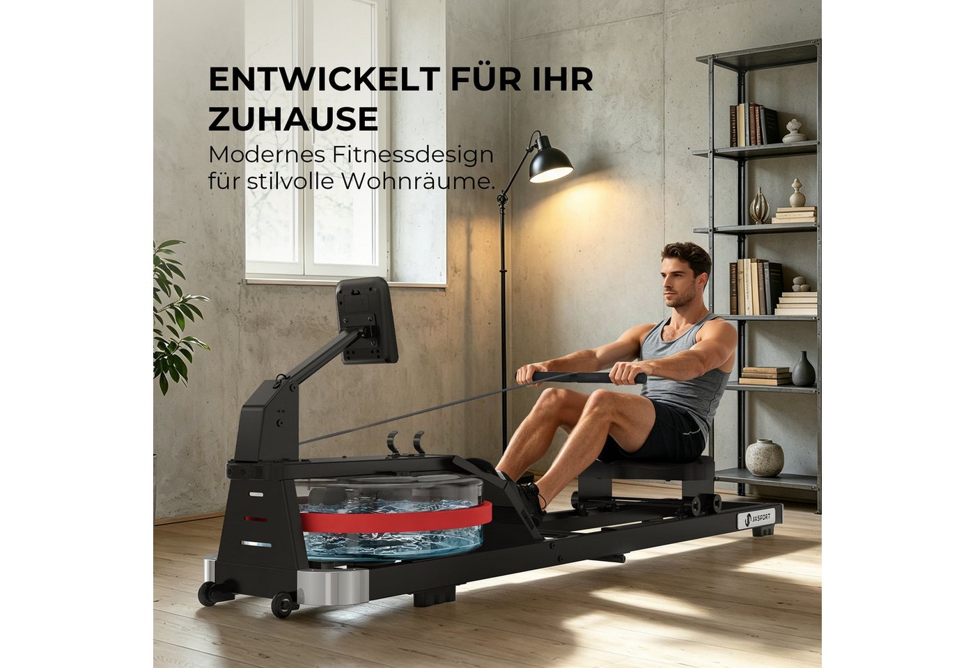 JASPORT Rudergerät RE1 mit Wasserwiderstand klappbar für Zuhause (Klappbar, LCD mit Trainingsdaten, Tablet-Halterung, Transportrollen), 14-L-Wassertank, Kinomap, Doppel-Schiene, bis 150 kg, bis 200 cm Bild 2