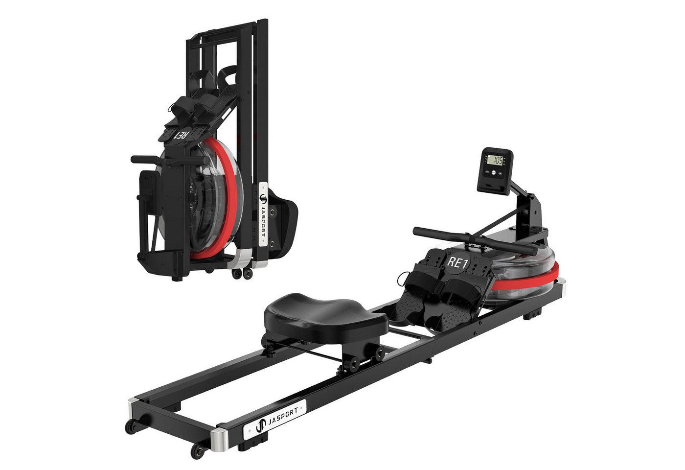 JASPORT Rudergerät RE1 mit Wasserwiderstand klappbar für Zuhause (Klappbar, LCD mit Trainingsdaten, Tablet-Halterung, Transportrollen), 14-L-Wassertank, Kinomap, Doppel-Schiene, bis 150 kg, bis 200 cm Bild 4