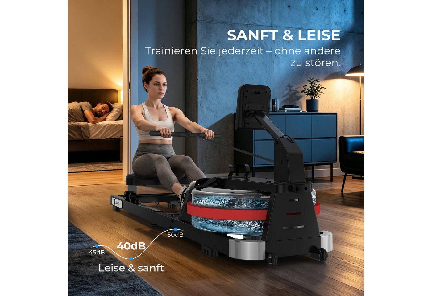 JASPORT Rudergerät RE1 mit Wasserwiderstand klappbar für Zuhause (Klappbar, LCD mit Trainingsdaten, Tablet-Halterung, Transportrollen), 14-L-Wassertank, Kinomap, Doppel-Schiene, bis 150 kg, bis 200 cm Bild 5