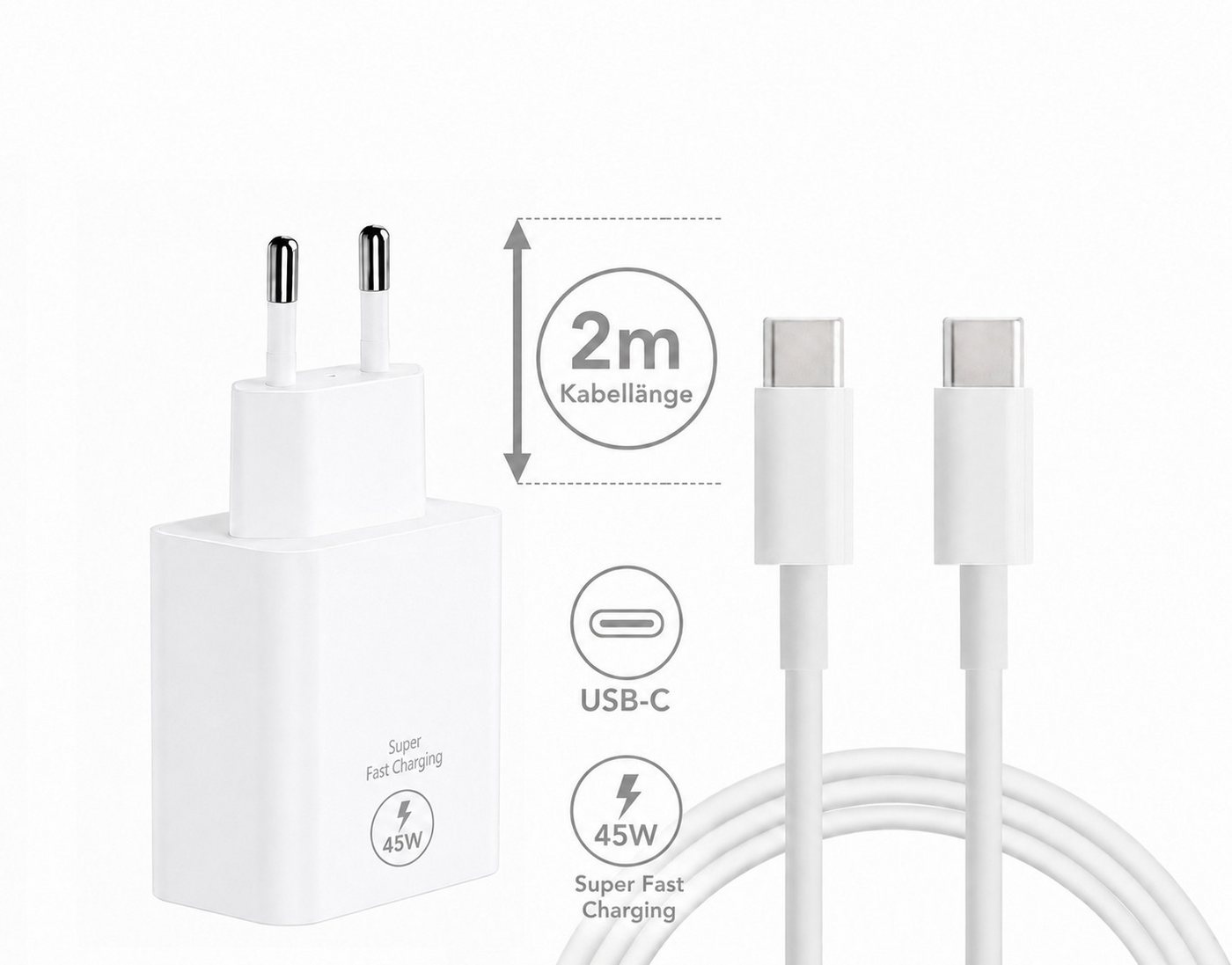 Ventarent 45W USB-C Ladegerät mit 2m Kabel für Samsung Galaxy S26 S25 S24 S23 USB-Ladegerät (3000 mA, Set, 2-tlg., Samsung Z Fold, Z Flip, Galaxy Tab, Google Pixel Serie, Schnellladegerät, Power Delivery, Samsung Galaxy, iPhone, Google Pixel) Bild 5