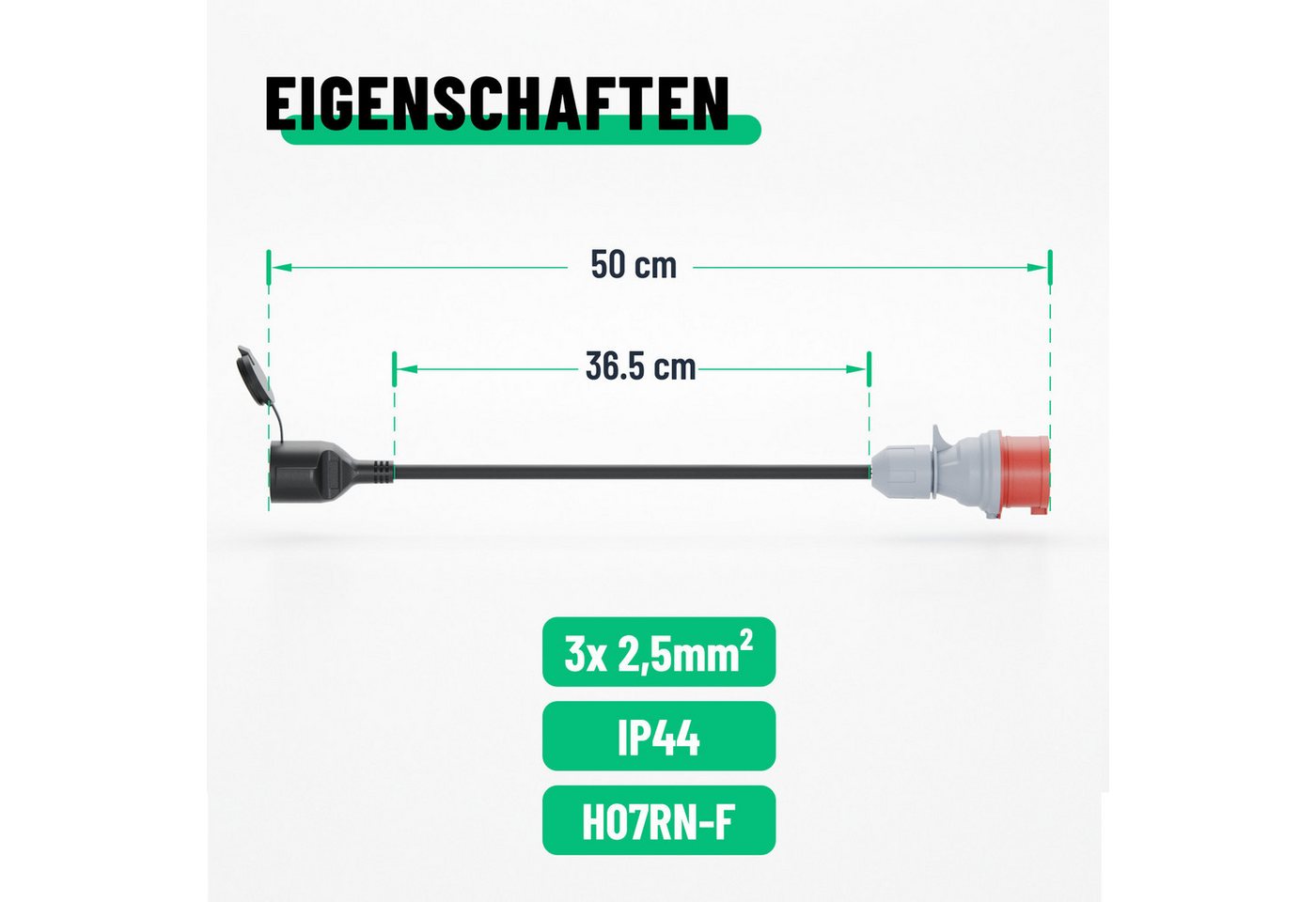 greate. CEE Adapter 16A auf Schuko Kupplung - Adapter Starkstrom auf 230V 16A CEE-Adapterkabel CEE zu Schuko, 50 cm, Schutzklasse IP44 spritzwassergeschützt Bild 3