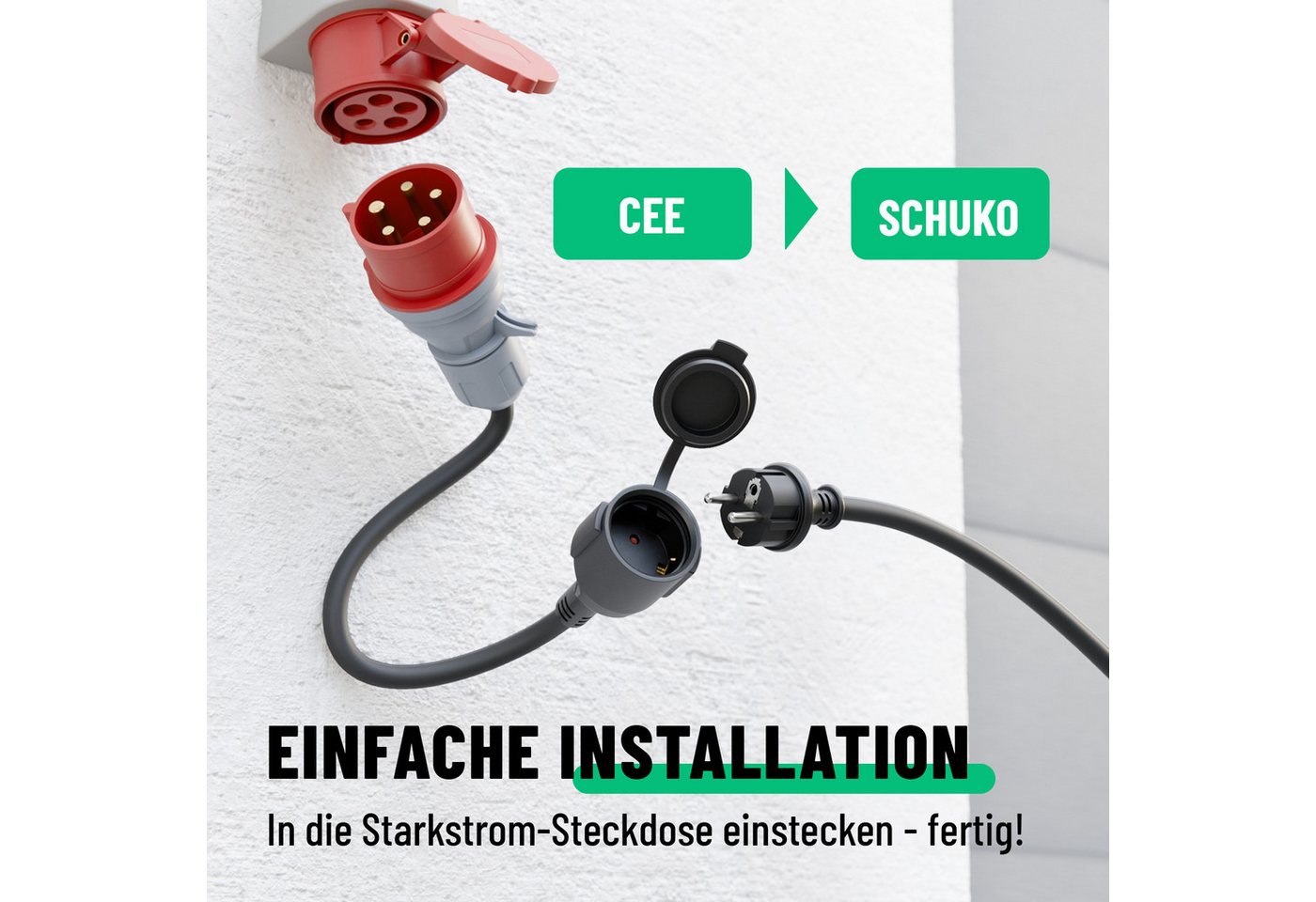 greate. CEE Adapter 16A auf Schuko Kupplung - Adapter Starkstrom auf 230V 16A CEE-Adapterkabel CEE zu Schuko, 50 cm, Schutzklasse IP44 spritzwassergeschützt Bild 4