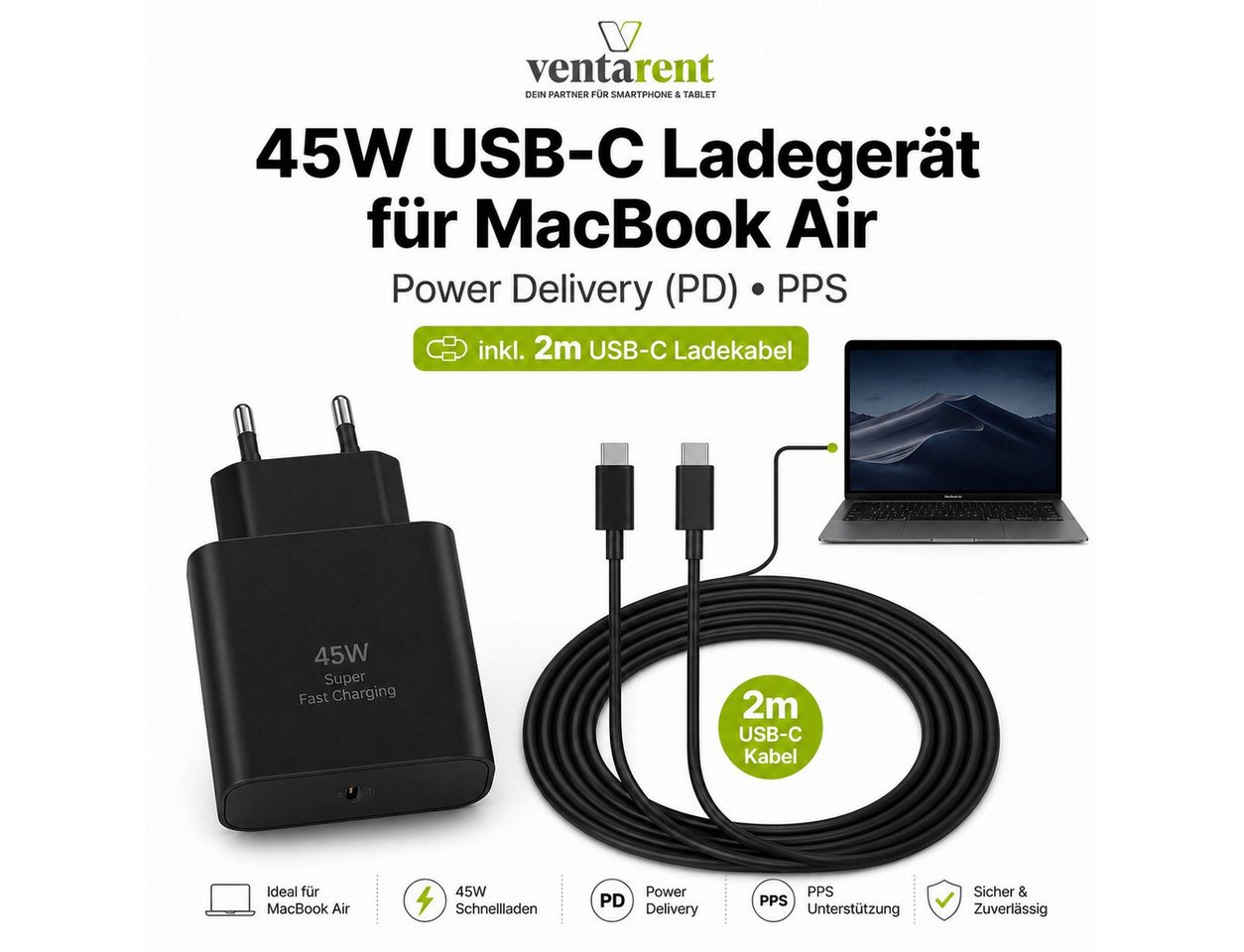 Ventarent 45W USB-C Ladeset mit Ladekabel für MacBook Air, iPad Pro & Air USB-Ladegerät (3000 mA, Set, 2-tlg., 45W USB-C Netzadapter, USB-C Ladekabel, 45W Schnellladen, USB-C Ladeset, inkl. USB-C Ladekabel) Bild 4