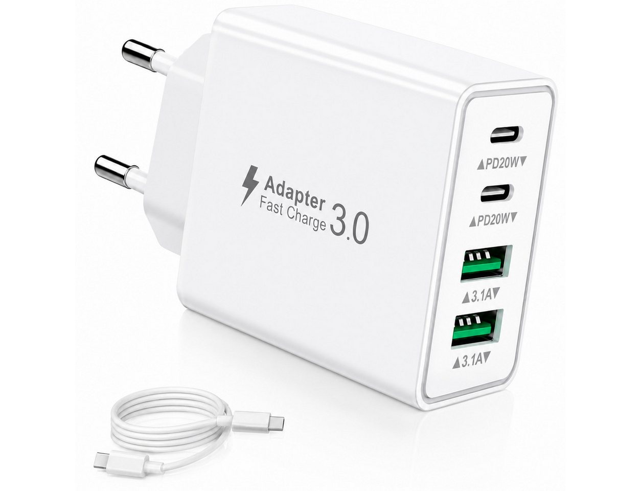 ibettertec USB C Ladegerät 40W Schnellladegerät mit 1,5 m TPE Datenkabel, Schnelllade-Gerät (Handy Ladegeräte 4 Ports, USB-C & USB-A Mehrfachstecker für Smartphone, Tablet, iPhone und Samsung) Bild 4