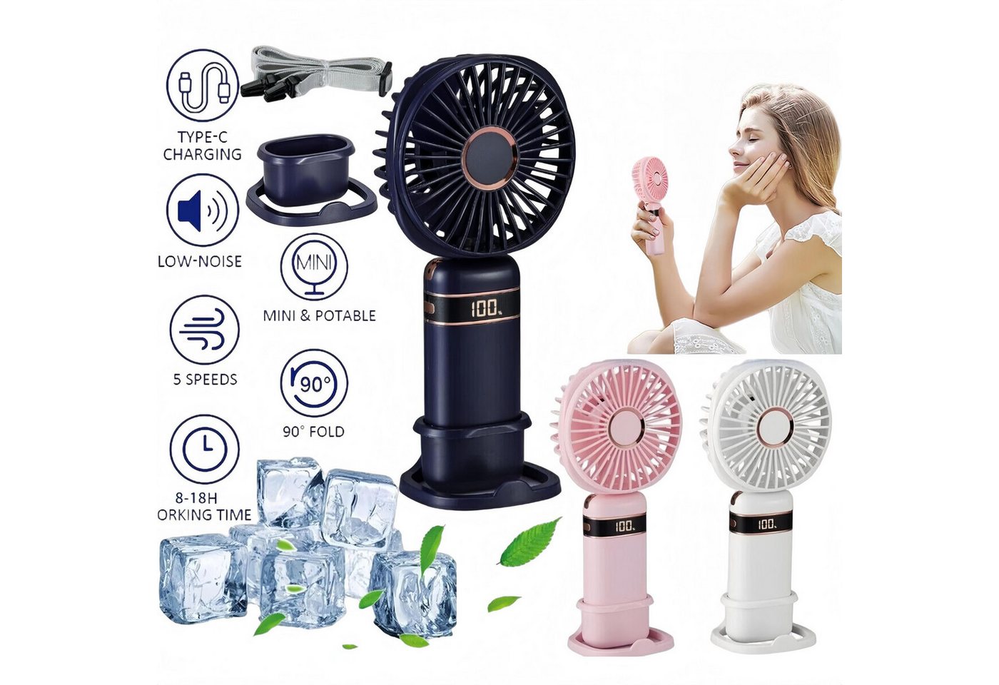 FELIXLEO Handventilator 3 in 1 Handventilator Mini Ventilator 2400mAh Faltbarer USB Rosa