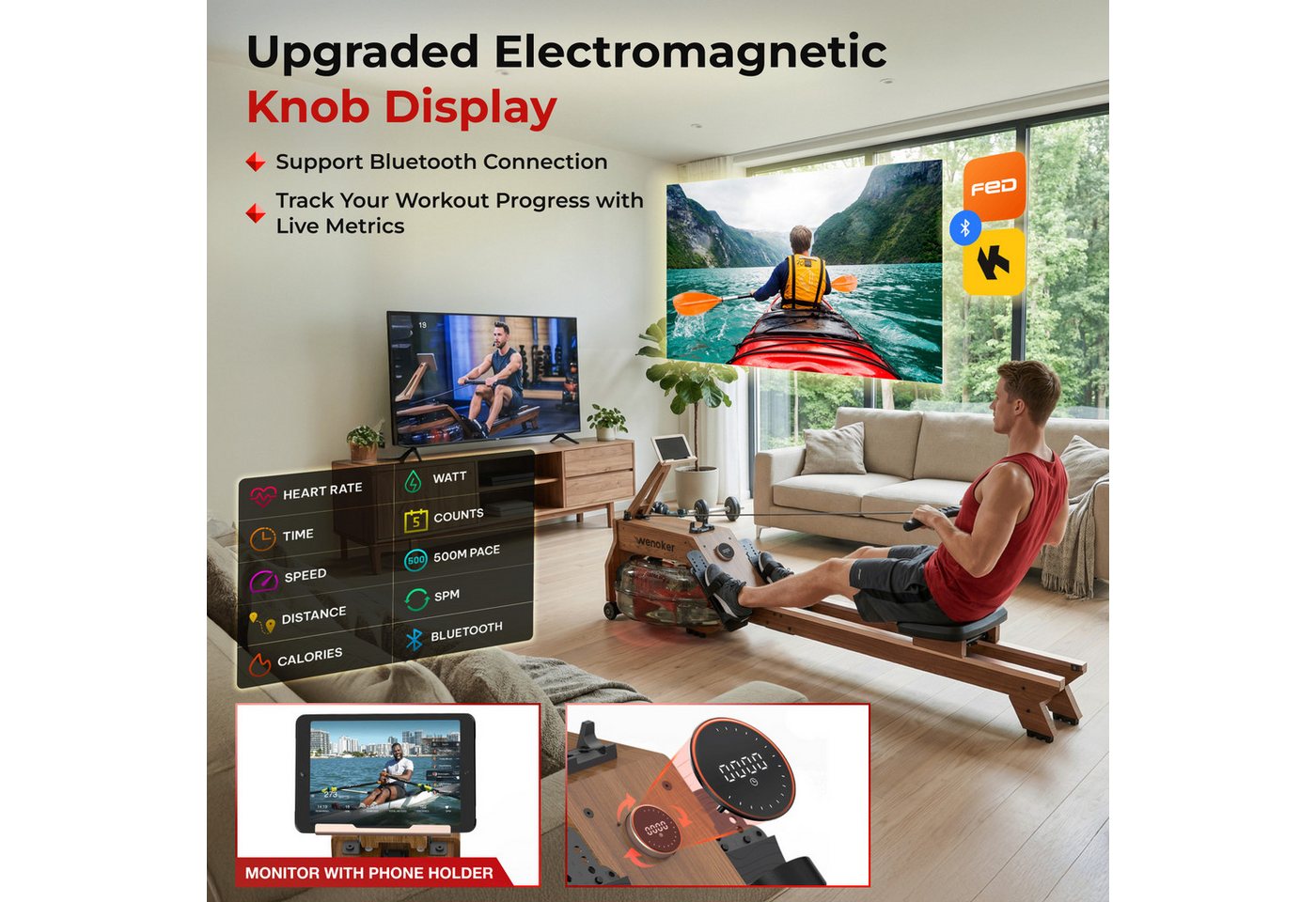 Wenoker Rudergerät Wasser für Zuhause aus FSC-Massiv-Eiche App-kompatibel, 22L-Wassertank (1-tlg., LCD-Display mit Drehregler, mehrstufig einstellbarer Widerstand), Bluetooth, Zwift-/Kinomap-Kompatibilität, Tablet-Halterung