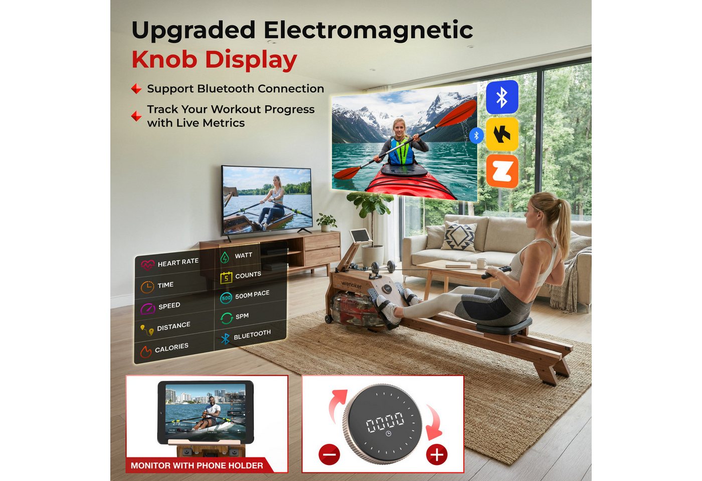Wenoker Rudergerät Wasser für Zuhause aus FSC-Massiv-Eiche App-kompatibel, 22L-Wassertank (1-tlg., LCD-Display mit Drehregler, mehrstufig einstellbarer Widerstand), Bluetooth, Zwift-/Kinomap-Kompatibilität, Tablet-Halterung Bild 2