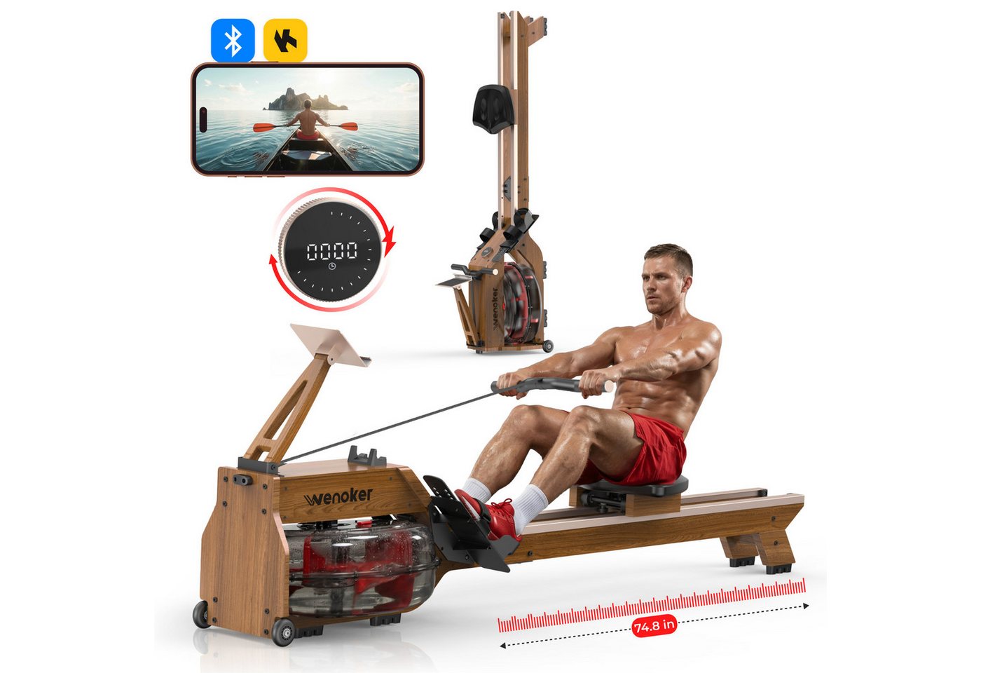 Wenoker Rudergerät Wasser für Zuhause aus FSC-Massiv-Eiche App-kompatibel, 22L-Wassertank (1-tlg., LCD-Display mit Drehregler, mehrstufig einstellbarer Widerstand), Bluetooth, Zwift-/Kinomap-Kompatibilität, Tablet-Halterung Bild 5