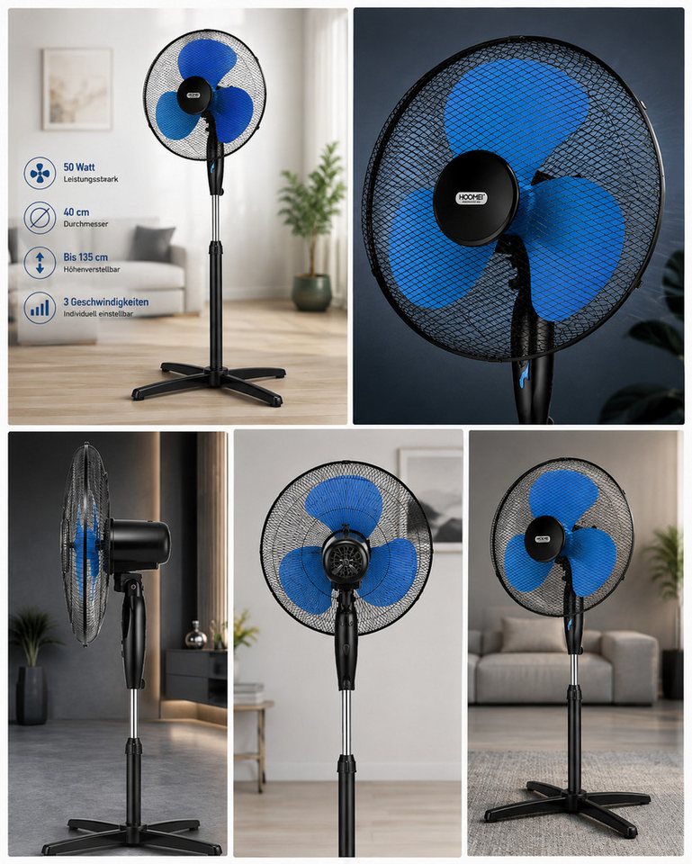 Ertex Standventilator Ventilator Höhe 135 cm Standventilator 50W 40 cm, BLACKBLUE