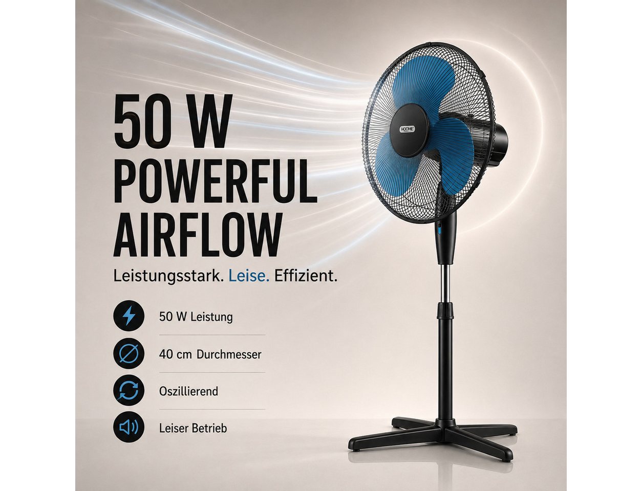 Ertex Standventilator Ventilator Höhe 135 cm Standventilator 50W 40 cm, BLACKBLUE Bild 2