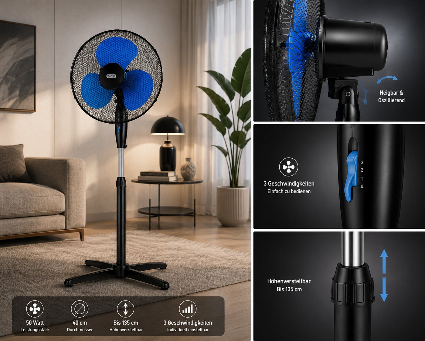 Ertex Standventilator Ventilator Höhe 135 cm Standventilator 50W 40 cm, BLACKBLUE Bild 3