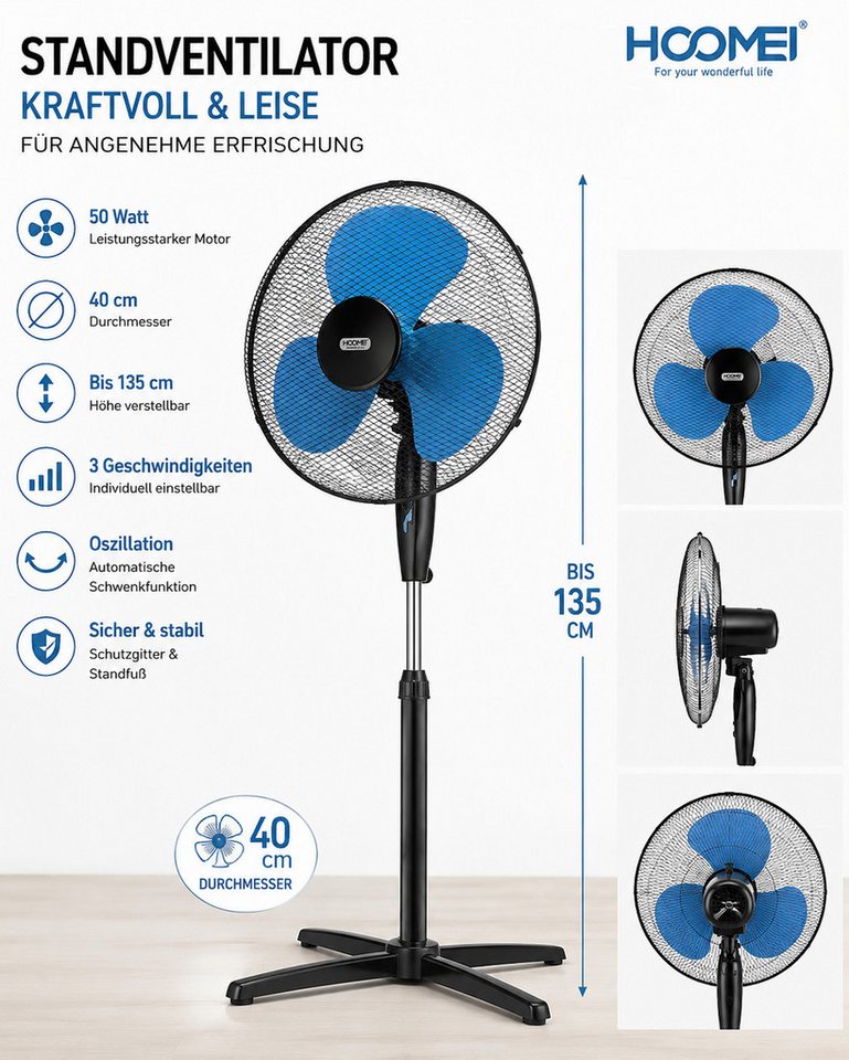 Ertex Standventilator Ventilator Höhe 135 cm Standventilator 50W 40 cm, BLACKBLUE Bild 4