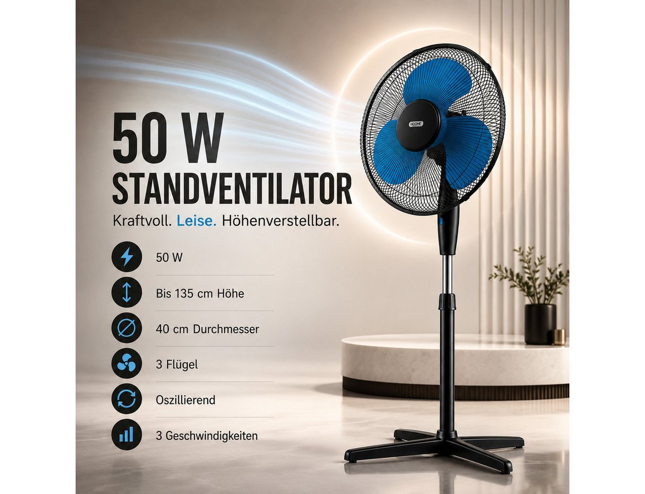 Ertex Standventilator Ventilator Höhe 135 cm Standventilator 50W 40 cm, BLACKBLUE Bild 5