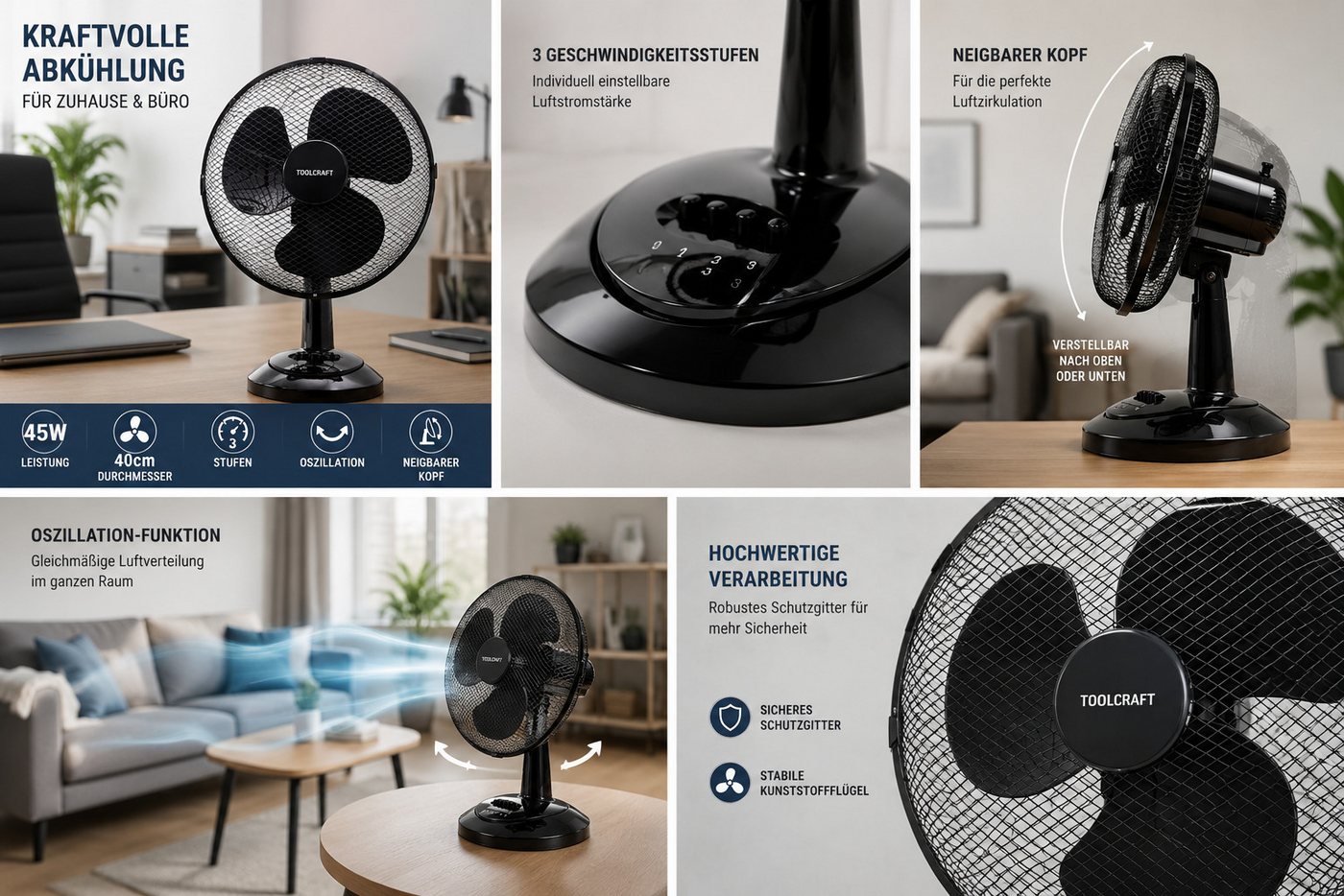 Ertex Tischventilator Turmventilator Tischventilator STAND 45W 40cm Durchmesser WHITE/BLACK