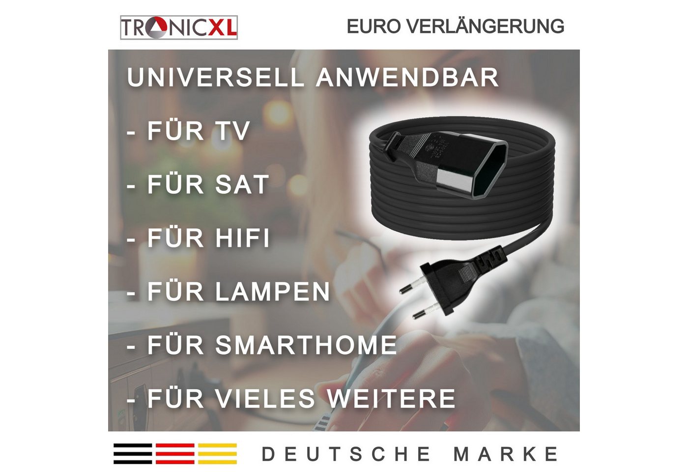 TronicXL 5m Euro Verlängerungskabel Verlängerung Stromkabel Kabel 5 Meter Verlängerungskabel, (500 cm), Mit Zugentlastung Bild 3