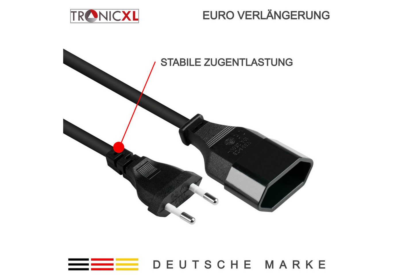 TronicXL 5m Euro Verlängerungskabel Verlängerung Stromkabel Kabel 5 Meter Verlängerungskabel, (500 cm), Mit Zugentlastung Bild 4