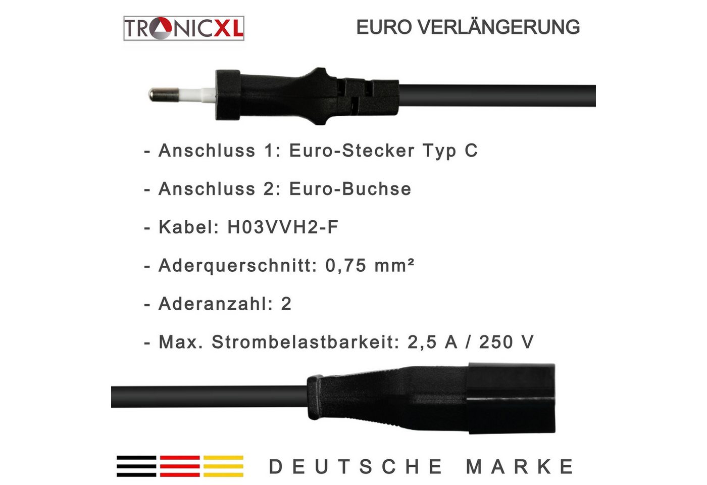 TronicXL 5m Euro Verlängerungskabel Verlängerung Stromkabel Kabel 5 Meter Verlängerungskabel, (500 cm), Mit Zugentlastung Bild 5