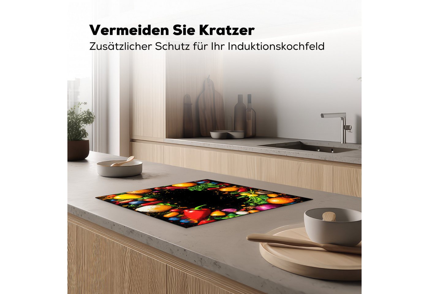 MuchoWow Herd-Abdeckplatte Gemüse - Graffiti - Farbenfroh - Kochen - Abstrakt, Vinyl, (1 tlg), Abdeckplatte für Ceranfeld, Herd Inductionsmatte, 57x51 cm