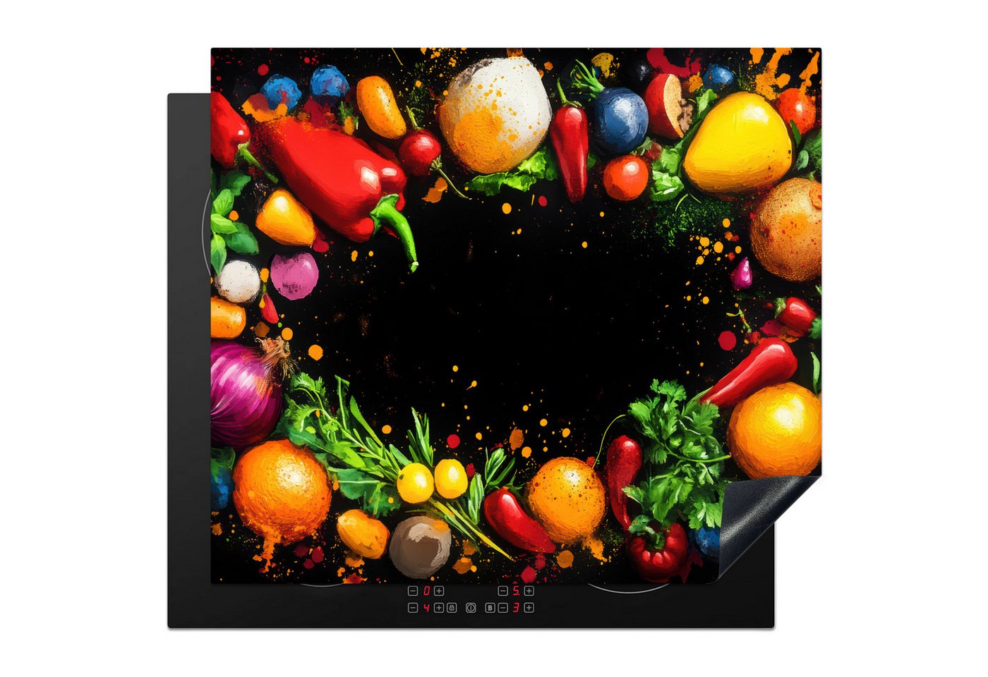 MuchoWow Herd-Abdeckplatte Gemüse - Graffiti - Farbenfroh - Kochen - Abstrakt, Vinyl, (1 tlg), Abdeckplatte für Ceranfeld, Herd Inductionsmatte, 57x51 cm Bild 2