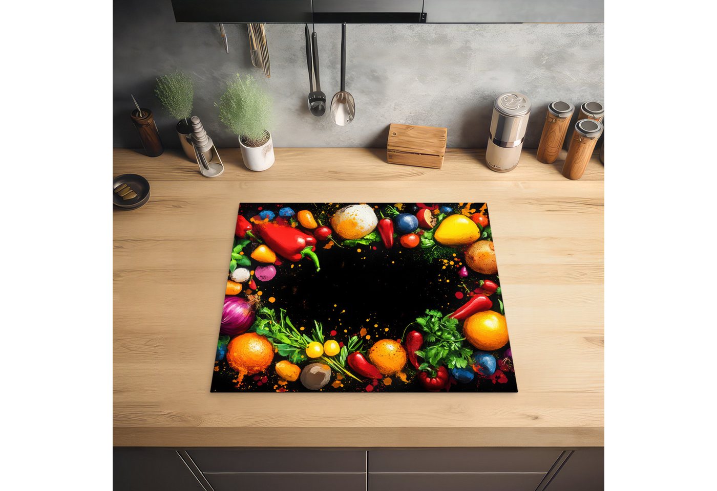 MuchoWow Herd-Abdeckplatte Gemüse - Graffiti - Farbenfroh - Kochen - Abstrakt, Vinyl, (1 tlg), Abdeckplatte für Ceranfeld, Herd Inductionsmatte, 57x51 cm Bild 4