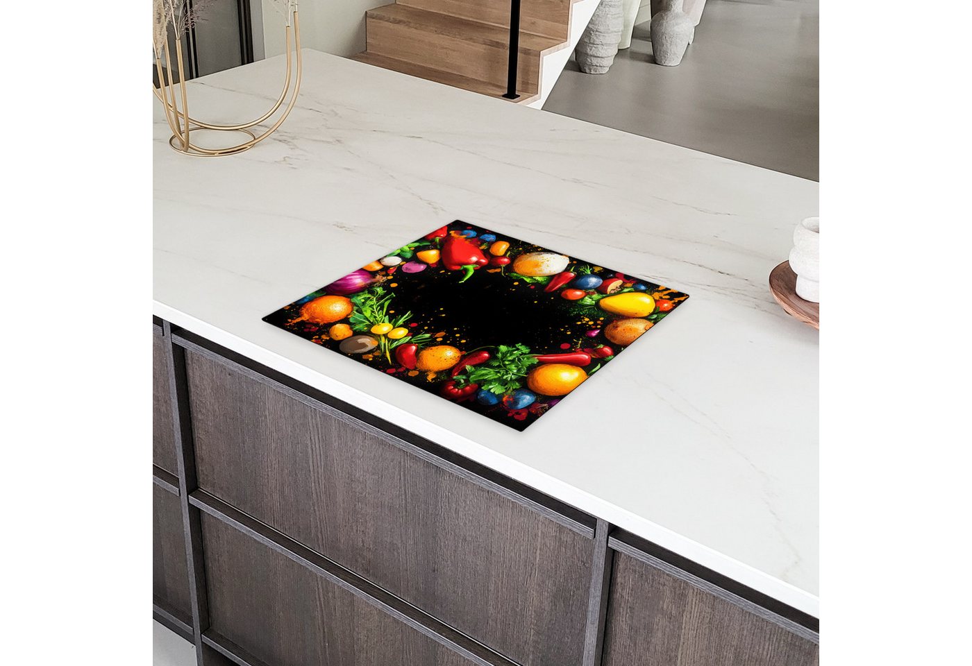 MuchoWow Herd-Abdeckplatte Gemüse - Graffiti - Farbenfroh - Kochen - Abstrakt, Vinyl, (1 tlg), Abdeckplatte für Ceranfeld, Herd Inductionsmatte, 57x51 cm Bild 5