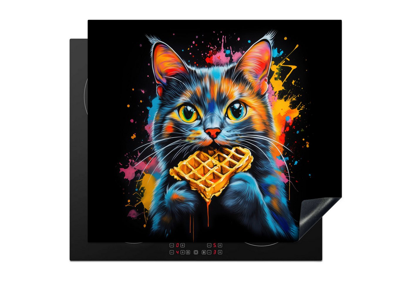 MuchoWow Herd-Abdeckplatte Katze - Graffiti - Bunt - Waffel - Essen, Vinyl, (1 tlg), Cerankochfeld Abdeckung, Herd Abdeckplatten Vinyl, 58x51 cm