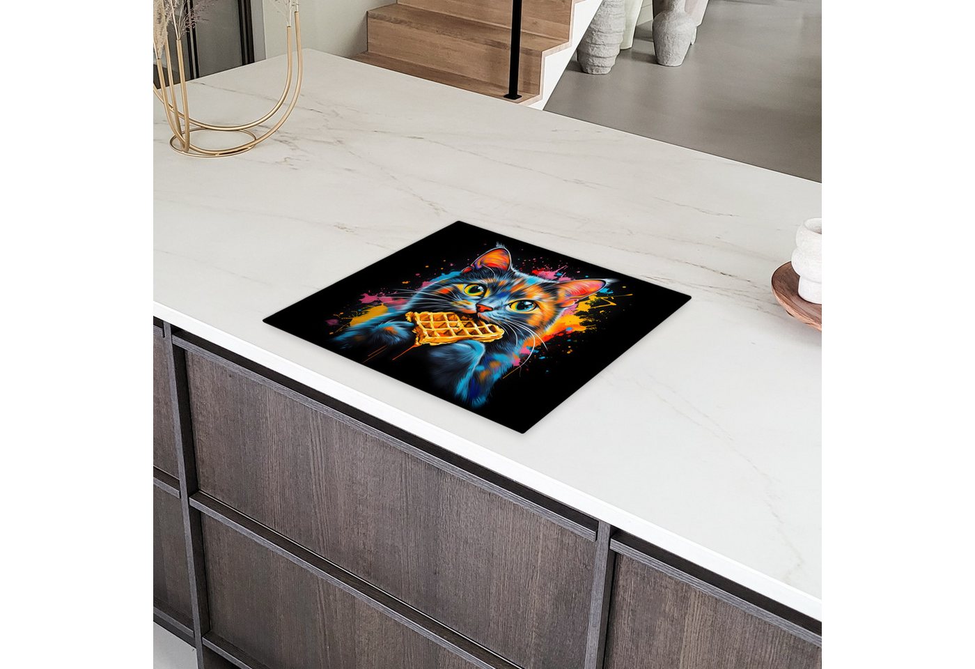 MuchoWow Herd-Abdeckplatte Katze - Graffiti - Bunt - Waffel - Essen, Vinyl, (1 tlg), Cerankochfeld Abdeckung, Herd Abdeckplatten Vinyl, 58x51 cm Bild 2