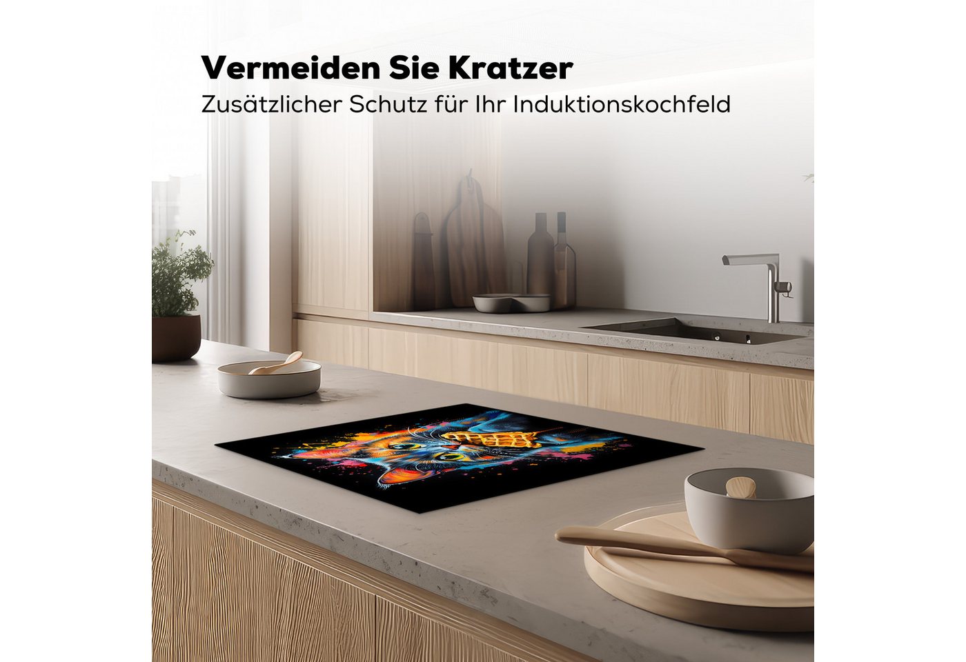 MuchoWow Herd-Abdeckplatte Katze - Graffiti - Bunt - Waffel - Essen, Vinyl, (1 tlg), Cerankochfeld Abdeckung, Herd Abdeckplatten Vinyl, 58x51 cm Bild 4