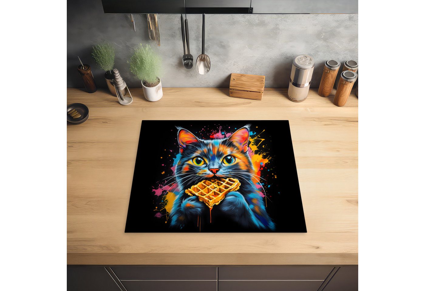 MuchoWow Herd-Abdeckplatte Katze - Graffiti - Bunt - Waffel - Essen, Vinyl, (1 tlg), Cerankochfeld Abdeckung, Herd Abdeckplatten Vinyl, 58x51 cm Bild 5