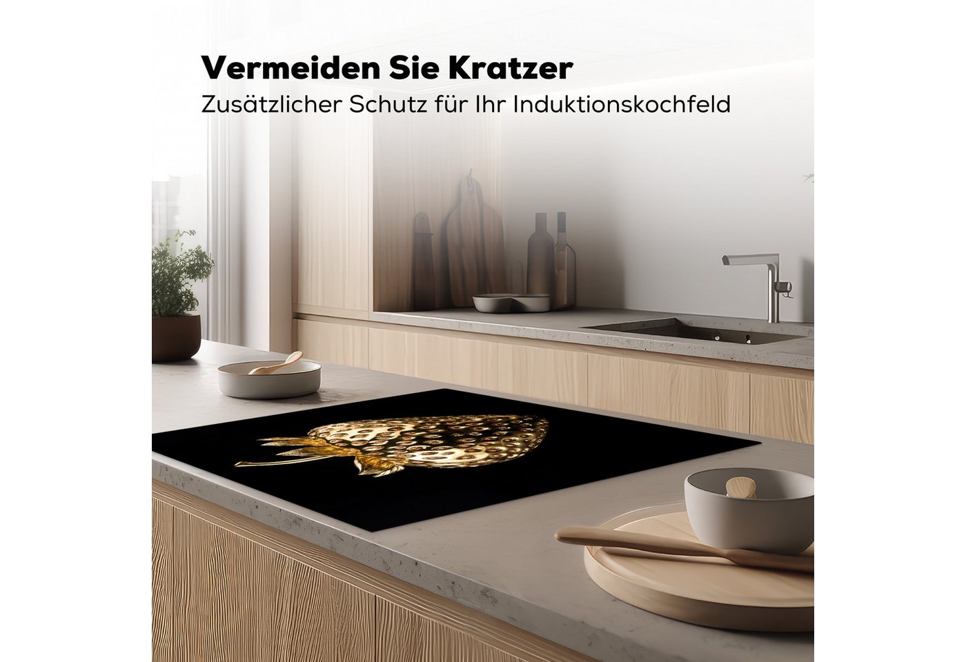 MuchoWow Herd-Abdeckplatte Erdbeere - Gold - Schwarz - Chrom, Vinyl, (1 tlg), Küche Herdabdeckung Ceranfeld Induktionsfeld Vinyl, 60x60 cm