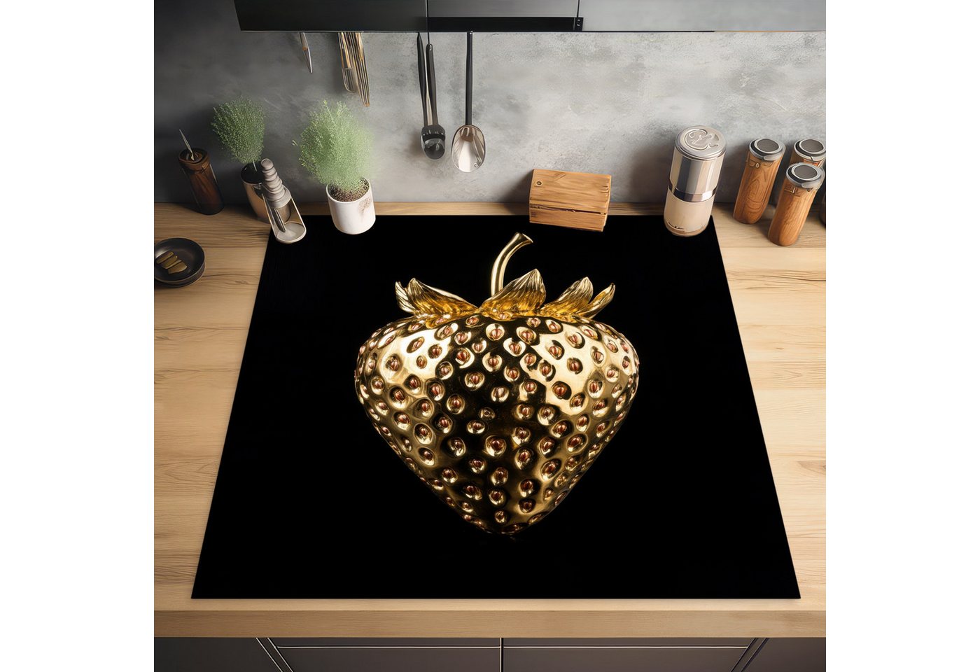 MuchoWow Herd-Abdeckplatte Erdbeere - Gold - Schwarz - Chrom, Vinyl, (1 tlg), Küche Herdabdeckung Ceranfeld Induktionsfeld Vinyl, 60x60 cm Bild 5