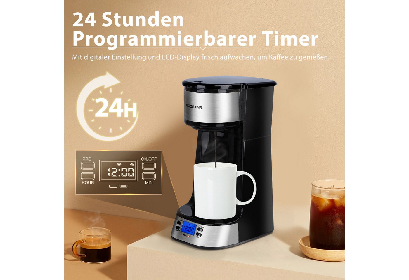 Aigostar Filterkaffeemaschine, Abnehmbarer Filter, 750W, 420 ml, Mit 24h-Timer, LCD-Anzeige, AutoClean-Funktion