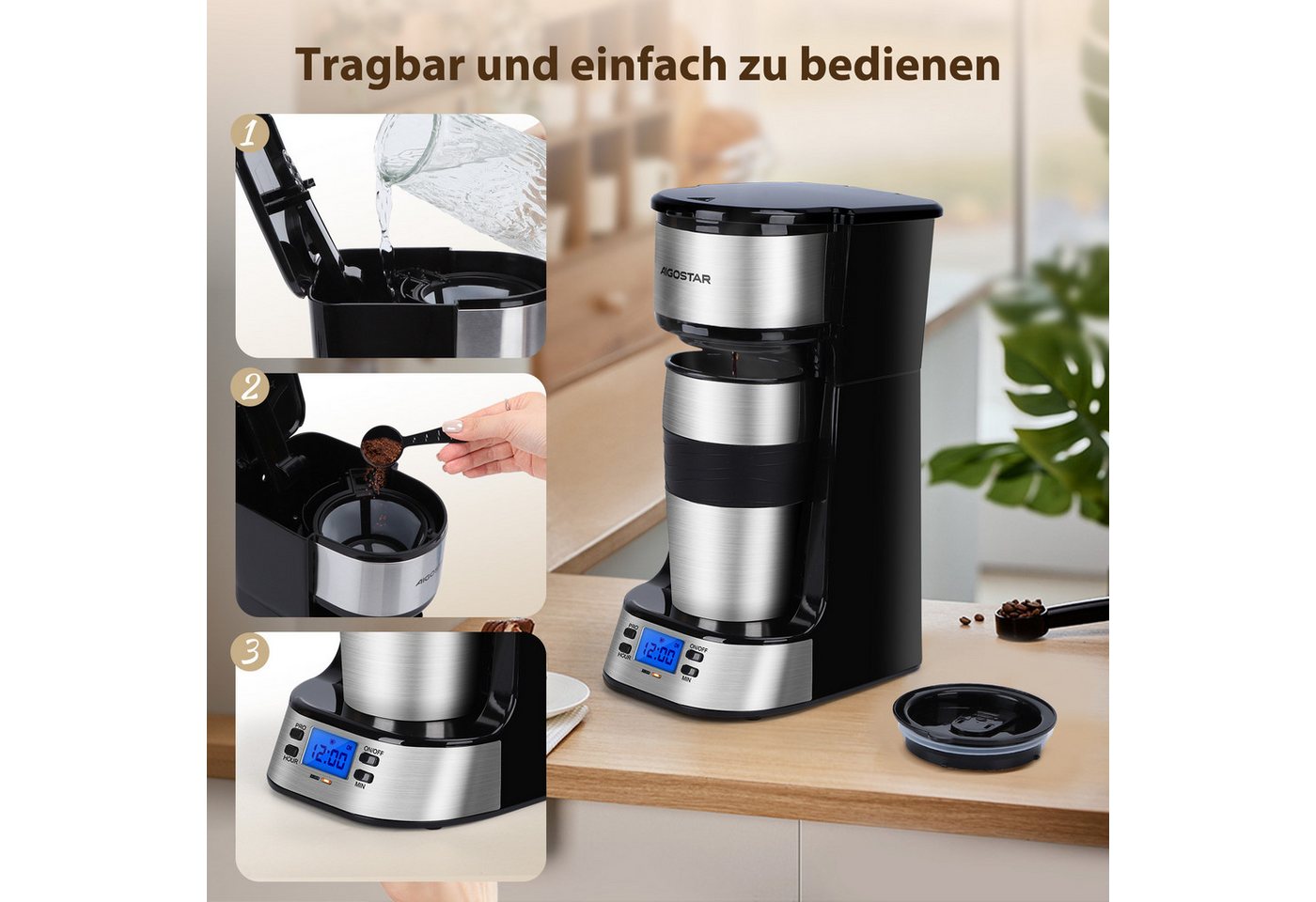 Aigostar Filterkaffeemaschine, Abnehmbarer Filter, 750W, 420 ml, Mit 24h-Timer, LCD-Anzeige, AutoClean-Funktion Bild 3