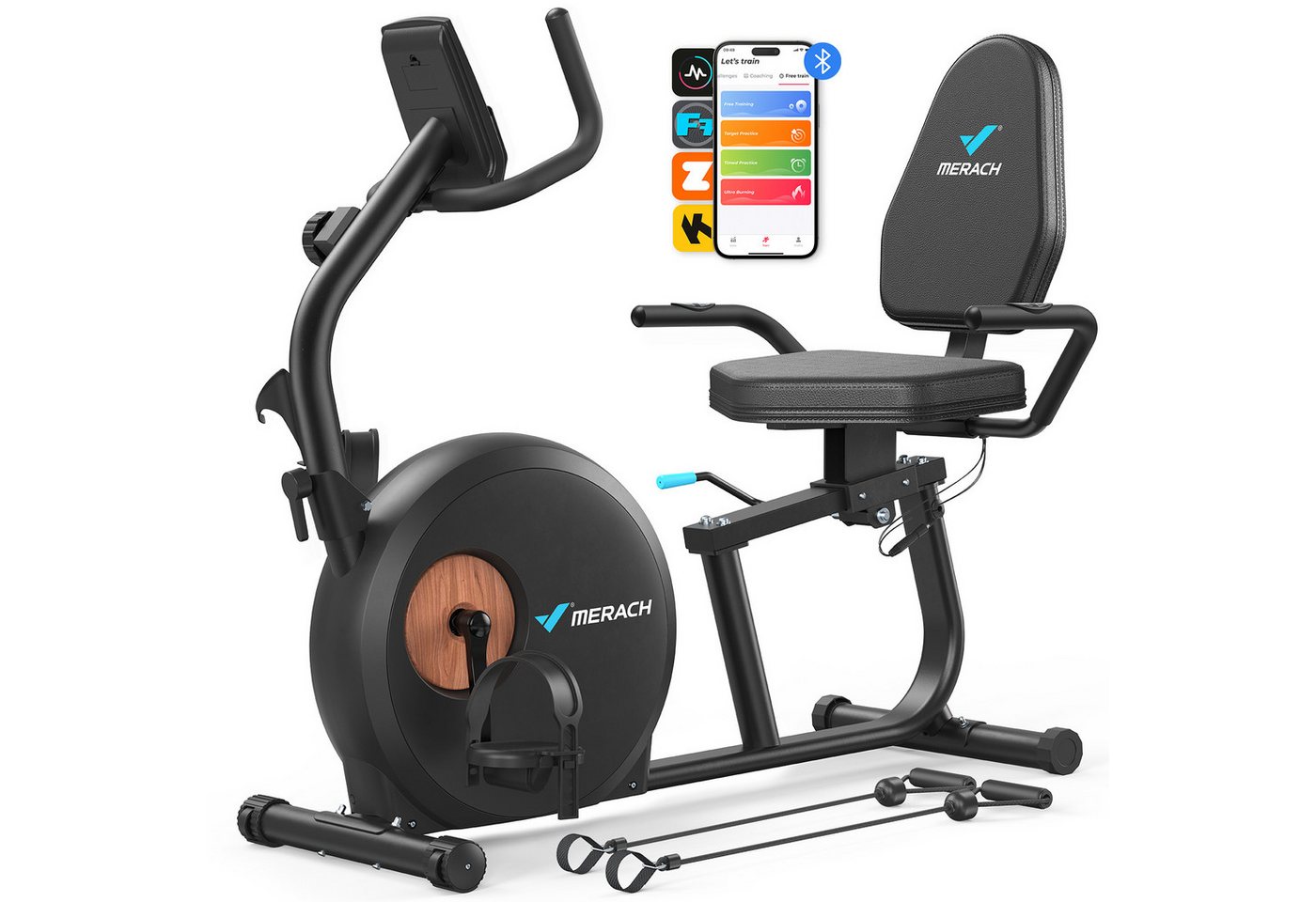MERACH Liege-Heimtrainer Fahrrad für Zuhause, 8 Widerstandsstufen (mit Bluetooth, Exklusiver App, Kinomap Kompatibel, LCD-Display, Herzfrequenzsensor, verstellbarer Rückenlehne, Tablet-Halter, leise), Liegerad mit Magnetwiderstand, Beintrainer bis 158kg, sanfter Sitz