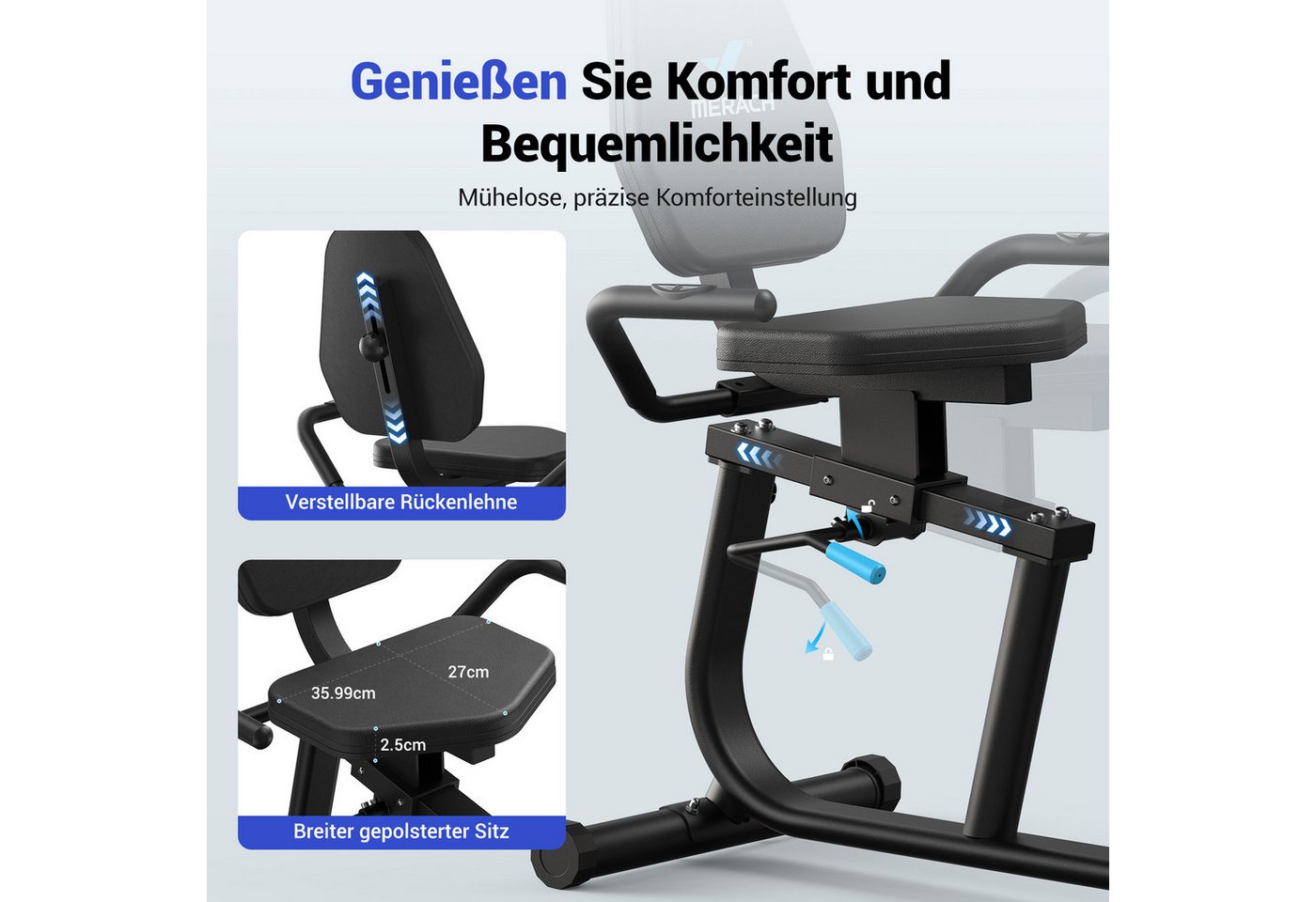 MERACH Liege-Heimtrainer Fahrrad für Zuhause, 8 Widerstandsstufen (mit Bluetooth, Exklusiver App, Kinomap Kompatibel, LCD-Display, Herzfrequenzsensor, verstellbarer Rückenlehne, Tablet-Halter, leise), Liegerad mit Magnetwiderstand, Beintrainer bis 158kg, sanfter Sitz Bild 5